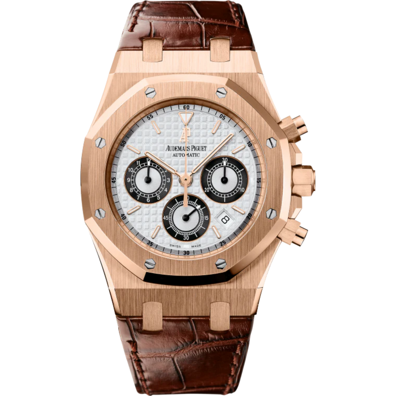 Royal Oak Chronograph 39MM Brown Alligator Strap Silver-Toned Dial With Grande Tapisserie Pattern 18-Carat Pink Gold Case - Audemars Piguet