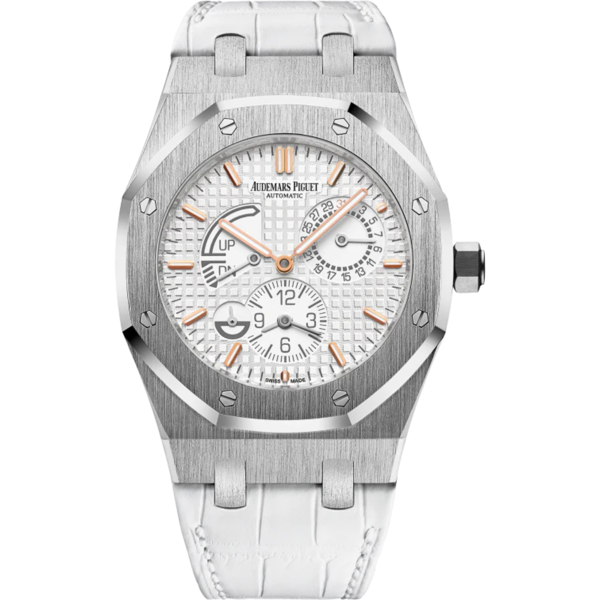 Royal Oak Dual Time 39MM White Alligator Strap Silver-Toned Dial With Grande Tapisserie Pattern Stainless Steel Case - Audemars Piguet