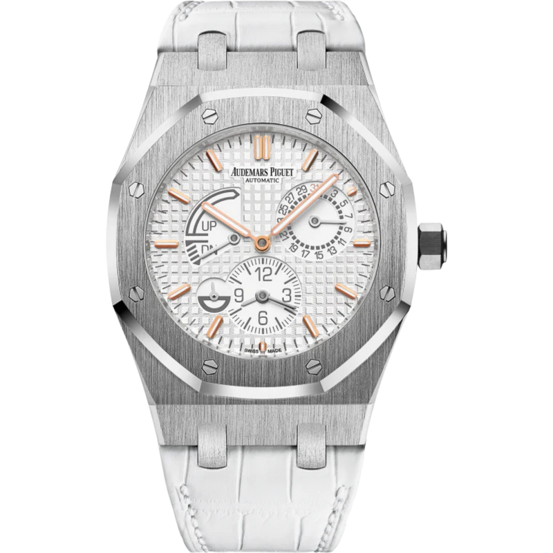 Royal Oak Dual Time 39MM White Alligator Strap Silver-Toned Dial With Grande Tapisserie Pattern Stainless Steel Case - Audemars Piguet