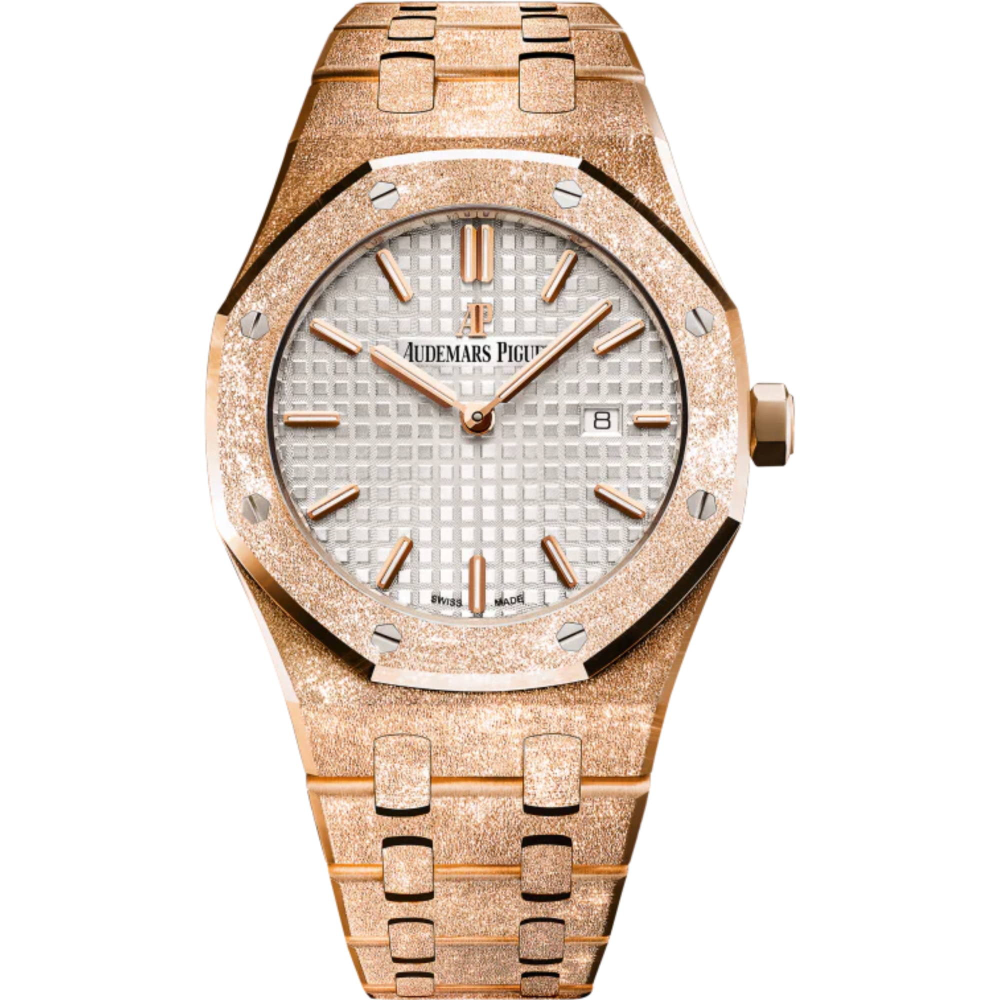Royal Oak Frosted Gold Quartz 33MM Hammered 18-Carat Pink Gold Bracelet Silver-Toned Dial With Grande Tapisserie Pattern Hammered 18-Carat Pink Gold Case - Audemars Piguet
