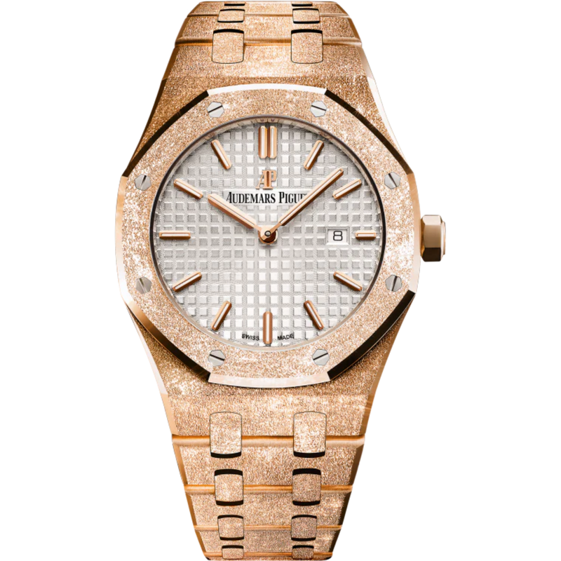 Royal Oak Frosted Gold Quartz 33MM Hammered 18-Carat Pink Gold Bracelet Silver-Toned Dial With Grande Tapisserie Pattern Hammered 18-Carat Pink Gold Case - Audemars Piguet