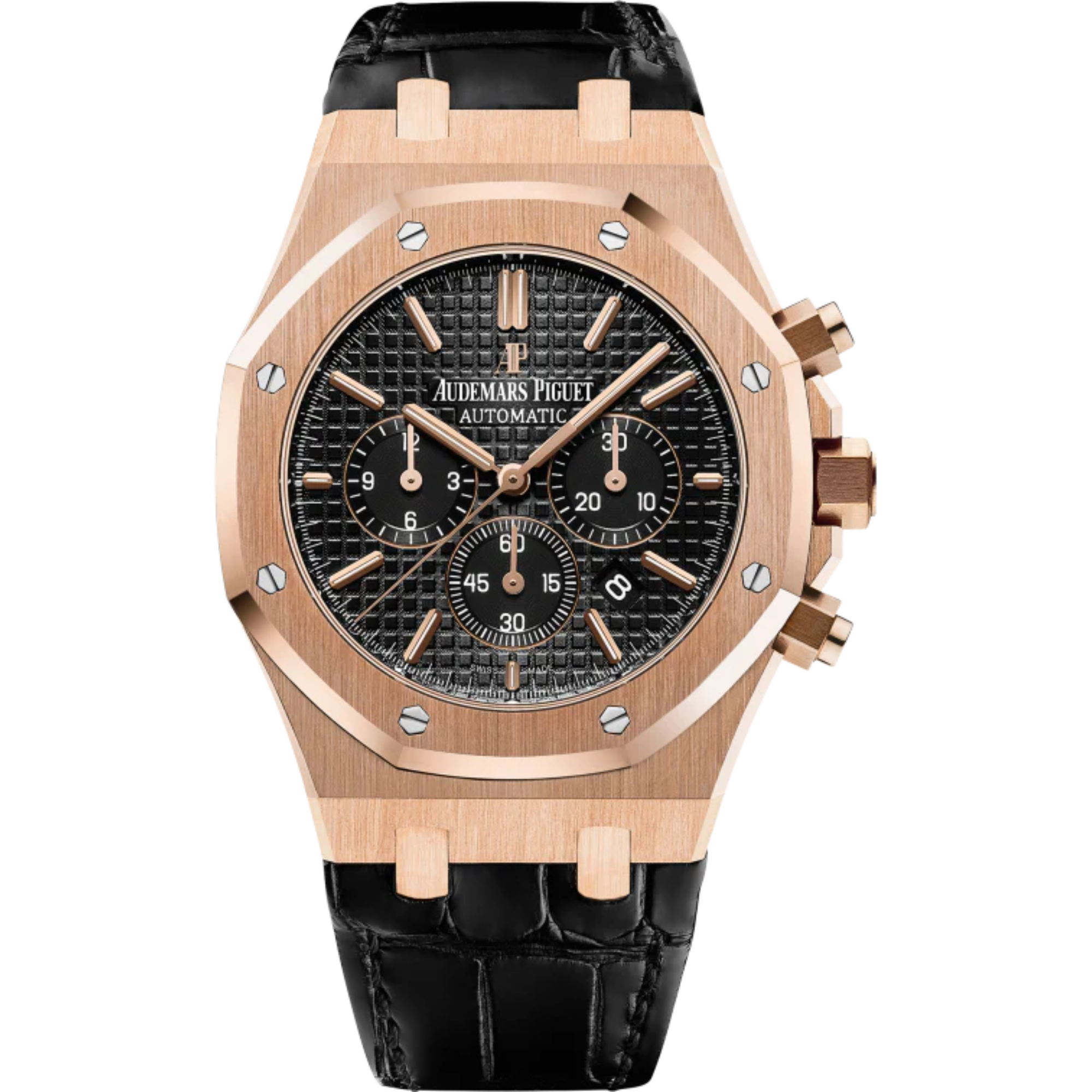 Royal Oak Chronograph 41MM Black Alligator Strap Black Dial With Grande Tapisserie Pattern 18-Carat Pink Gold Case - Audemars Piguet