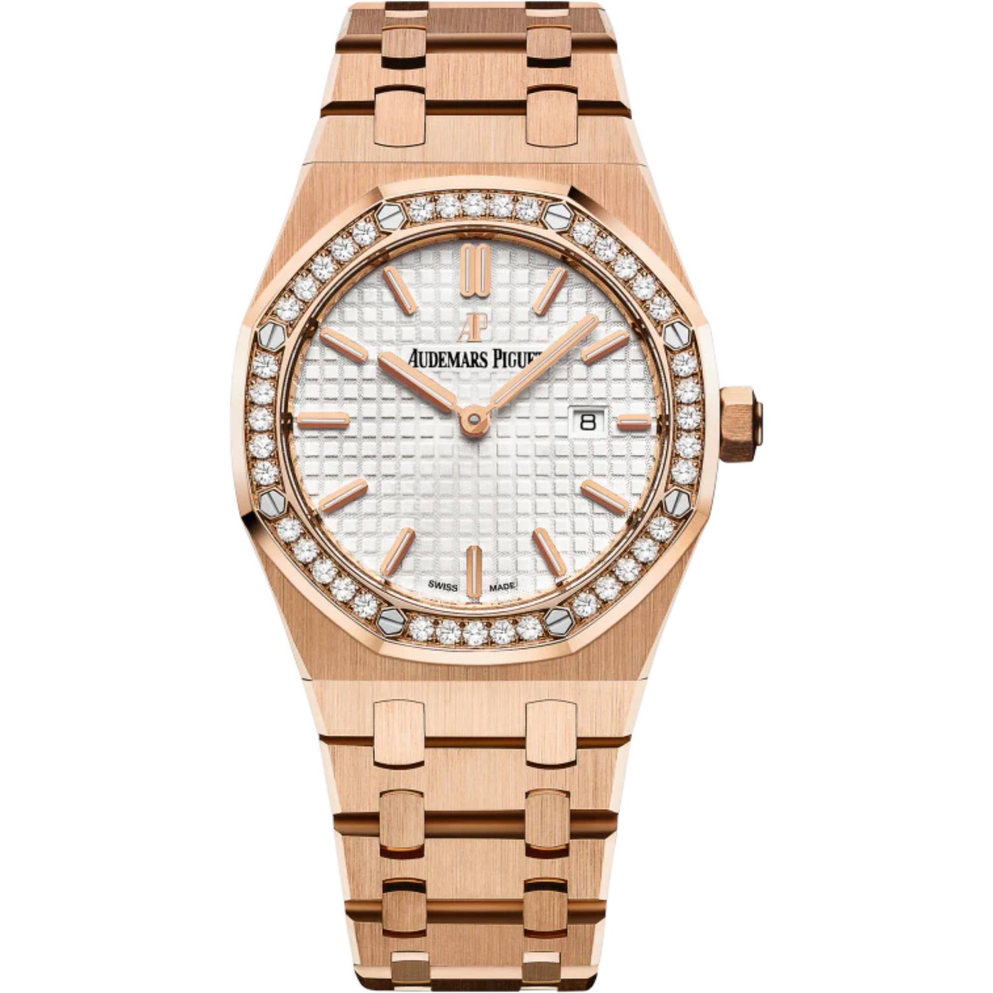 Royal Oak Quartz 33MM 18-Carat Pink Gold Bracelet Silver-Toned Dial With Grande Tapisserie Pattern 18-Carat Pink Gold Case Diamond-Set Bezel - Audemars Piguet