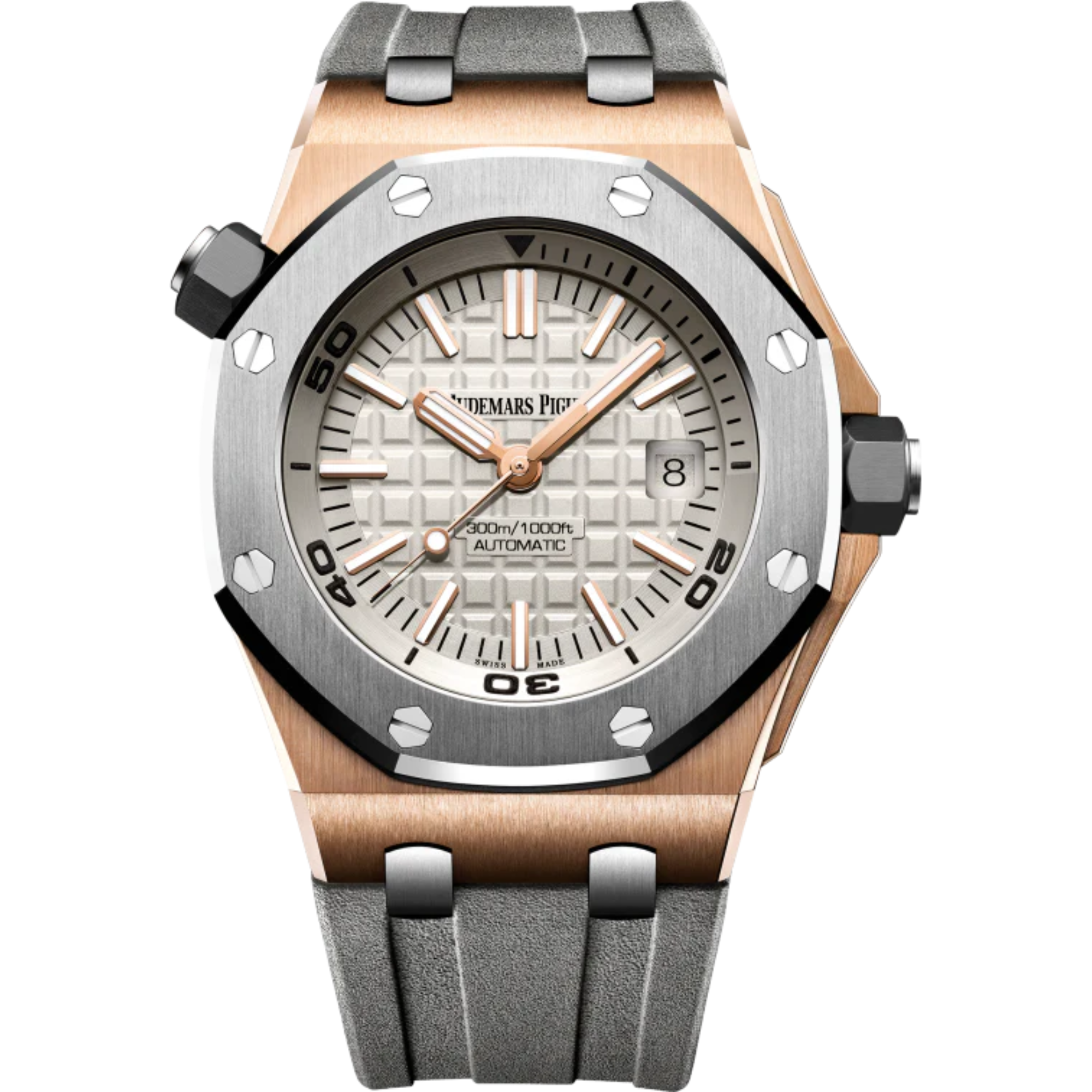 Royal Oak Offshore Diver 42MM Grey Rubber Strap Grey Dial With Méga Tapisserie Pattern 18-Carat Pink Gold Case Titanium Bezel - Audemars Piguet