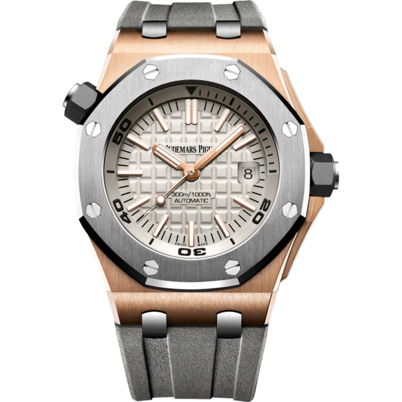 Royal Oak Offshore Diver 42MM Grey Rubber Strap Grey Dial With Méga Tapisserie Pattern 18-Carat Pink Gold Case Titanium Bezel - Audemars Piguet