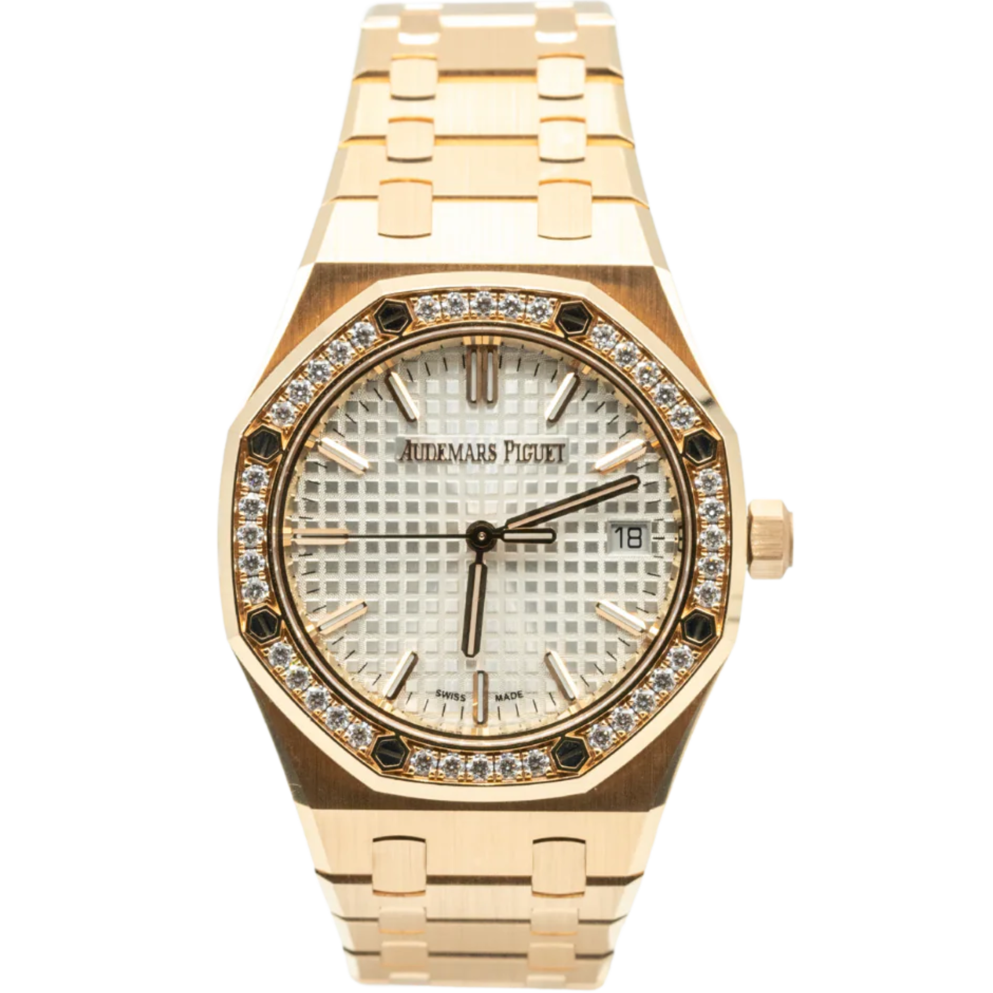 Royal Oak Selfwinding 50th Anniversary 34MM 18-Carat Pink Gold Bracelet Silver-Toned Dial With Grande Tapisserie Pattern 18-Carat Pink Gold Case Bezel Set With Brilliant-Cut Diamonds - Audemars Piguet