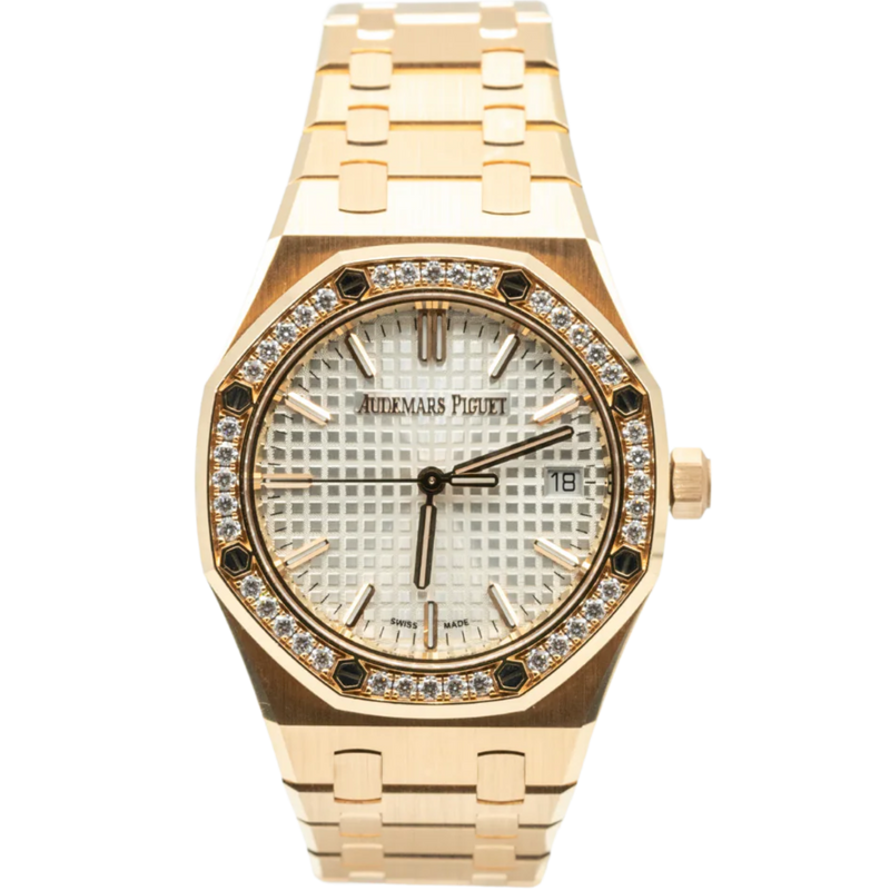 Royal Oak Selfwinding 50th Anniversary 34MM 18-Carat Pink Gold Bracelet Silver-Toned Dial With Grande Tapisserie Pattern 18-Carat Pink Gold Case Bezel Set With Brilliant-Cut Diamonds - Audemars Piguet