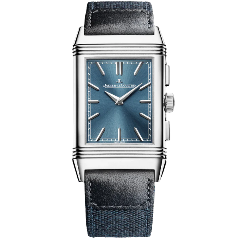 REVERSO TRIBUTE CHRONOGRAPH 49 MM STAINLESS STEEL WITH BLUE SUNRAY BRUSH AND BLACK OPALINE DIAL - Jaeger-LeCoultre
