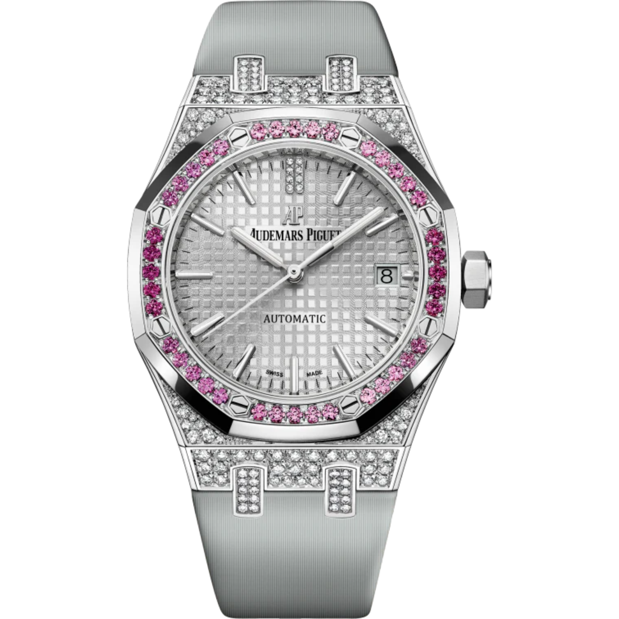 Royal Oak Selfwinding 37MM Light Grey Satin-Finished Calfskin Strap Rhodium-Toned Dial With Grande Tapisserie Pattern 18-Carat White Gold Case Bezel Set With Pink Brilliant-Cut Graded Sapphires and Rubies - Audemars Piguet