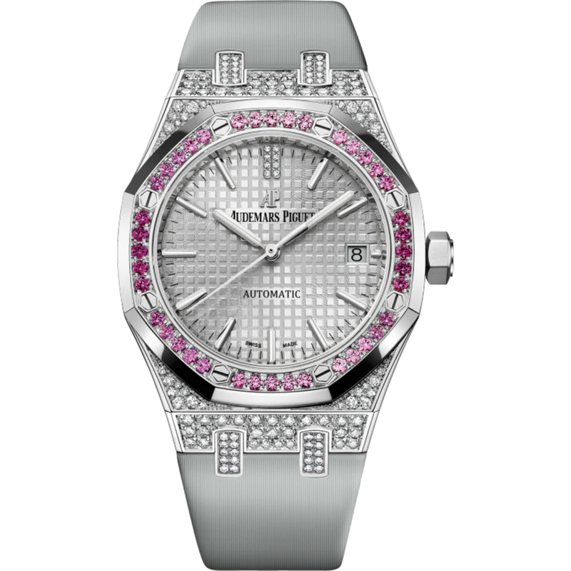 Royal Oak Selfwinding 37MM Light Grey Satin-Finished Calfskin Strap Rhodium-Toned Dial With Grande Tapisserie Pattern 18-Carat White Gold Case Bezel Set With Pink Brilliant-Cut Graded Sapphires and Rubies - Audemars Piguet