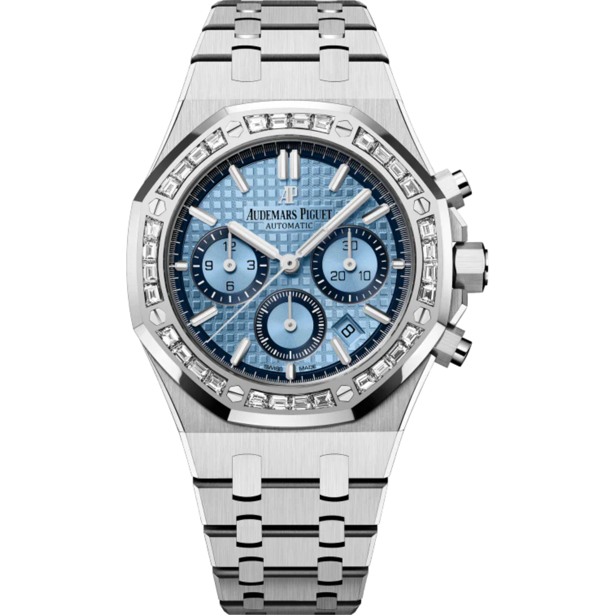 Royal Oak Selfwinding Chronograph 38MM 18-Carat White Gold Bracelet  Light Blue Dial With Grande Tapisserie Pattern 18-Carat White Gold Case Baguette-Cut Diamonds Bezel - Audemars Piguet