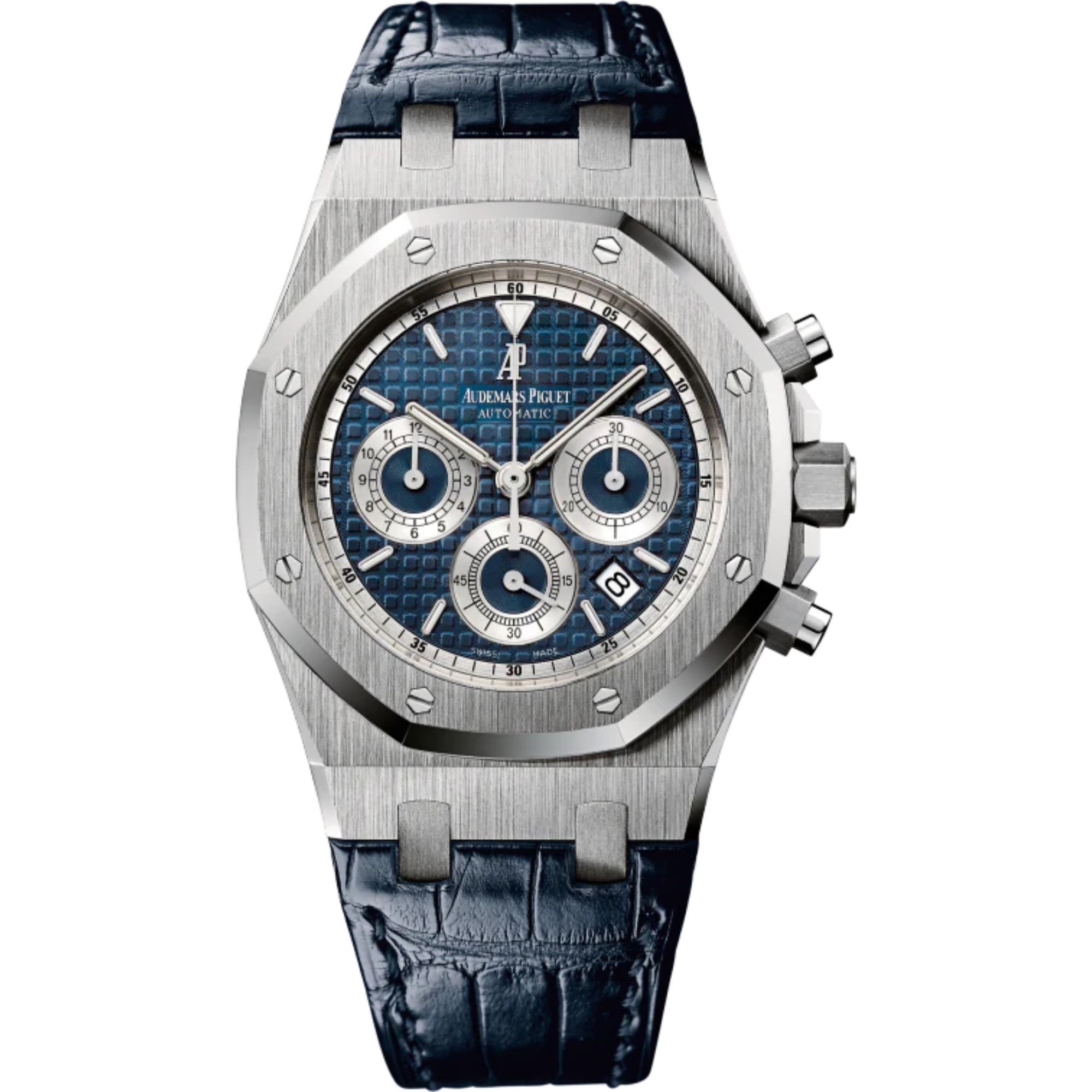 Royal Oak Chronograph 39MM Blue Alligator Strap Blue Dial With Grande Tapisserie Pattern 18-Carat White Gold Case - Audemars Piguet