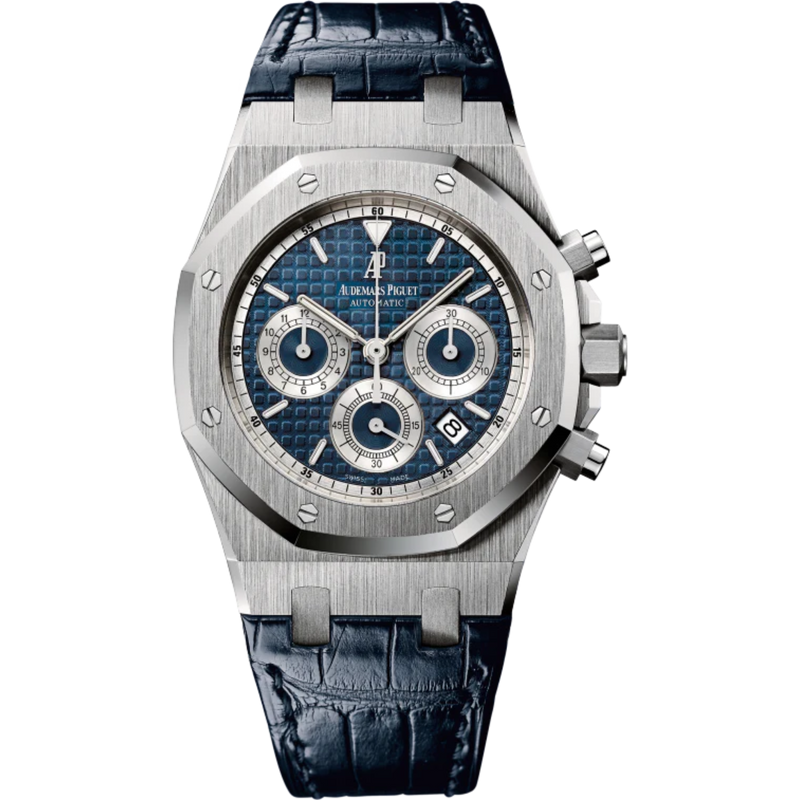 Royal Oak Chronograph 39MM Blue Alligator Strap Blue Dial With Grande Tapisserie Pattern 18-Carat White Gold Case - Audemars Piguet