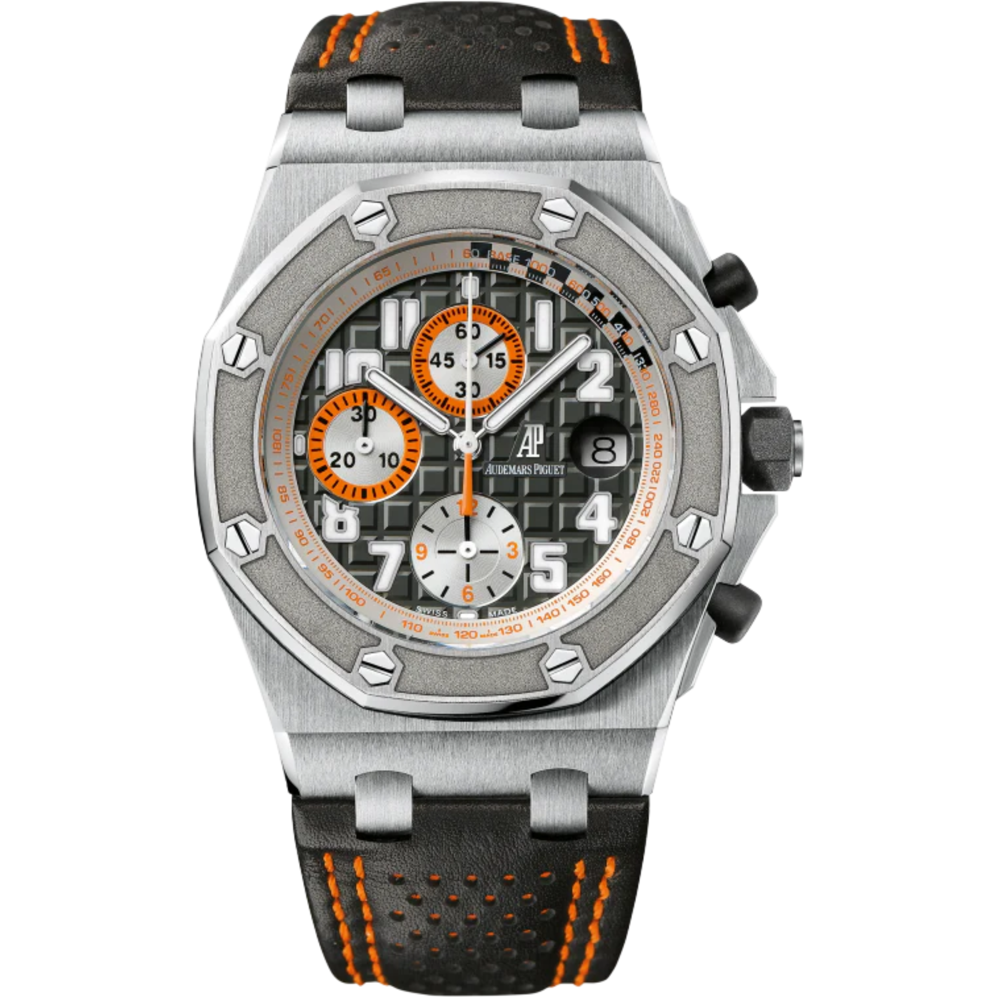Royal Oak Offshore Chronograph 42MM Hand-Stitched Perforated Black Leather Anthracite Dial With Méga Tapisserie Pattern Stainless Steel Case - Audemars Piguet