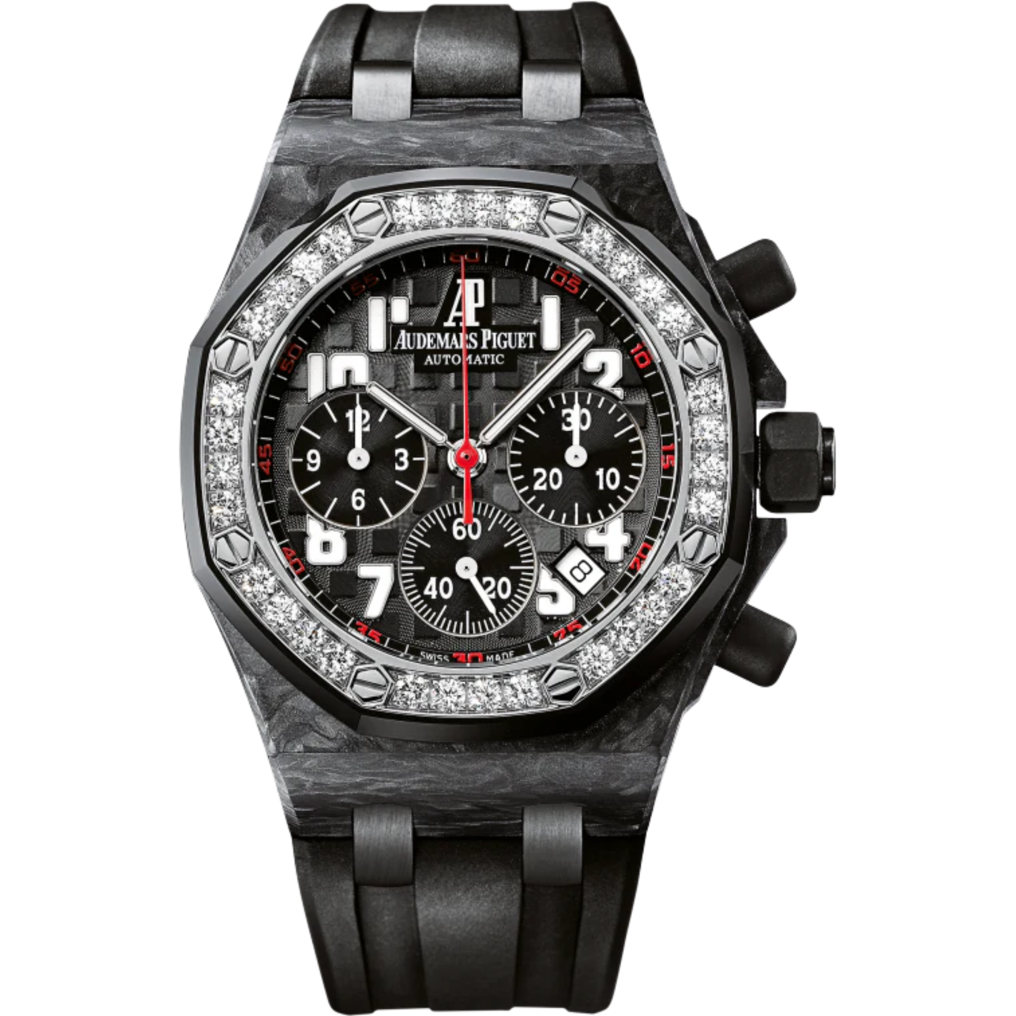 Royal Oak Offshore Chronograph 37MM Black Rubber Strap Black Dial With Méga Tapisserie Pattern Forged Carbon Case Diamond-Set Black Ceramic Bezel - Audemars Piguet