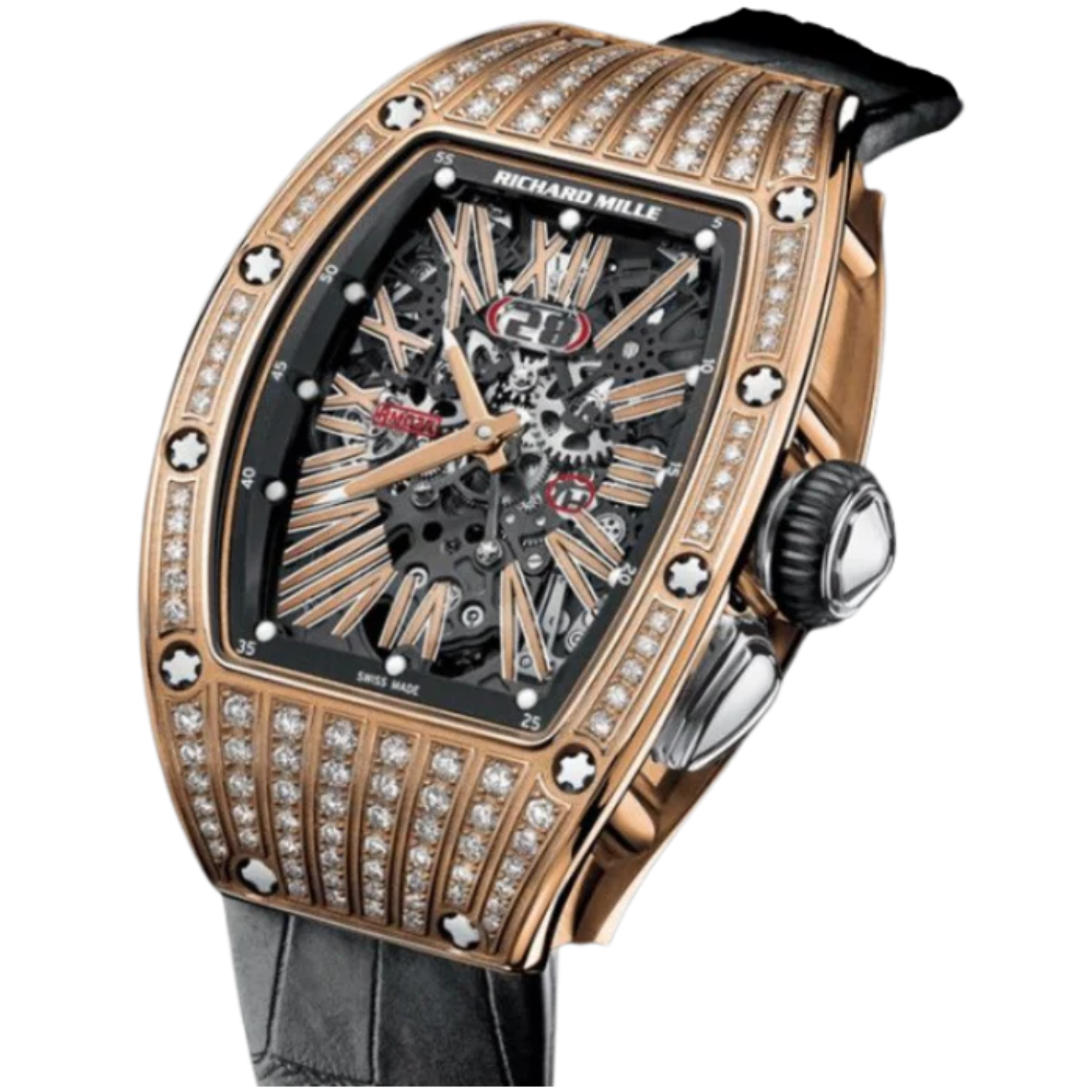 RM 037 Rose Gold and Diamonds Leather Strap Skeletonized Dial Rose Gold Case and a Ceramic Diamond Set Bezel - Richard Mille