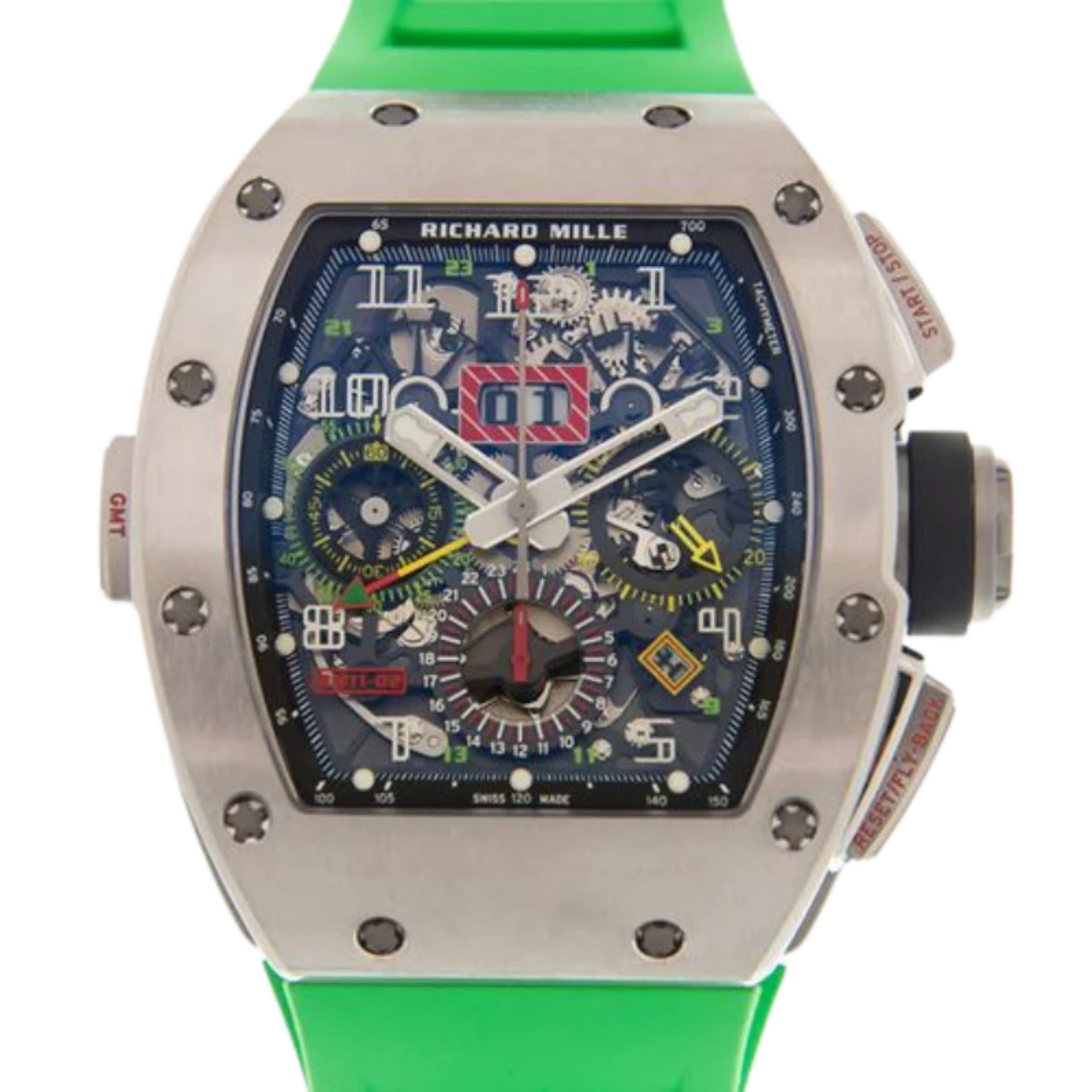 RM 011-02 Flyback Chronograph Dual Time Zone Automatic Titanium Green Rubber Strap Grey Titanium Case and Bezel - Richard Mille