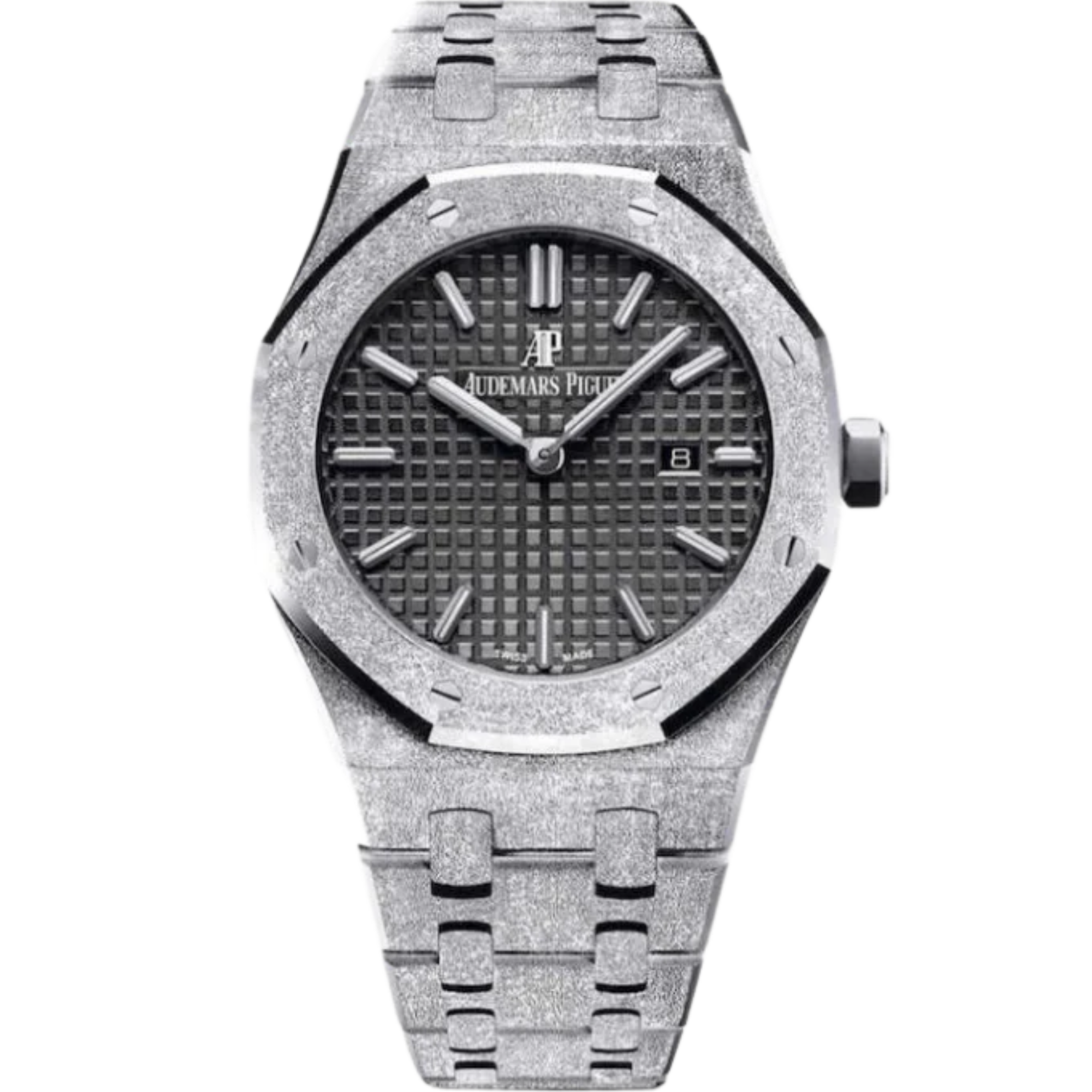 Royal Oak Frosted Gold Quartz Hammered 18-Carat White Gold Bracelet Black Dial With Grande Tapisserie Pattern Hammered 18-Carat White Gold Case - Audemars Piguet