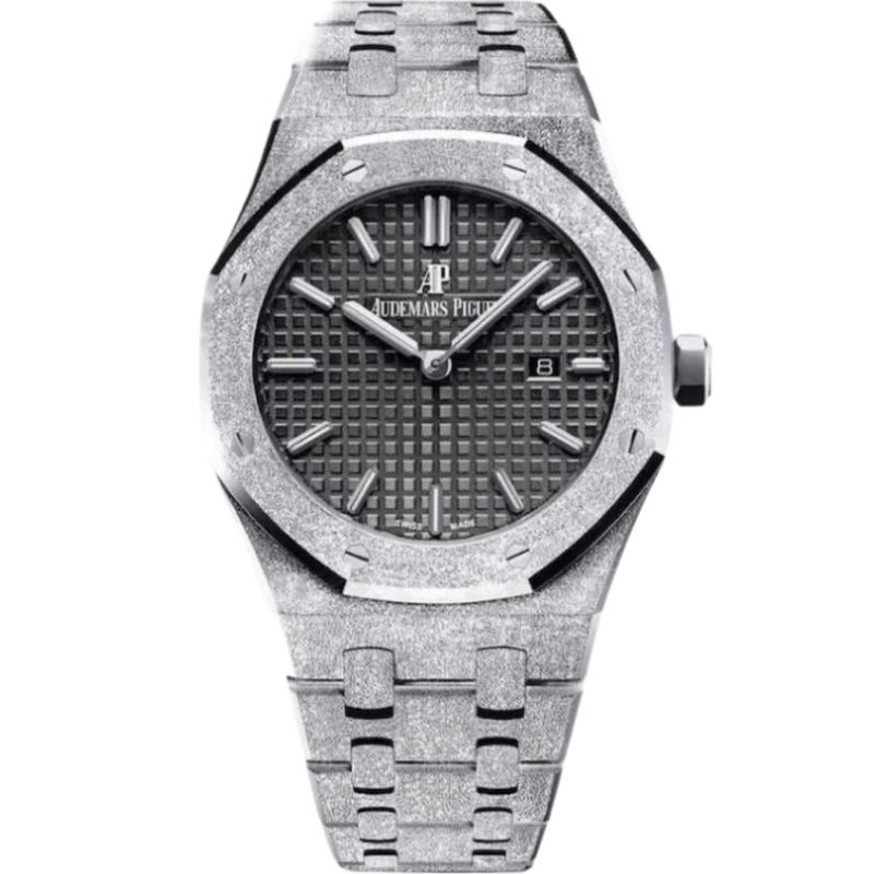 Royal Oak Frosted Gold Quartz Hammered 18-Carat White Gold Bracelet Black Dial With Grande Tapisserie Pattern Hammered 18-Carat White Gold Case - Audemars Piguet