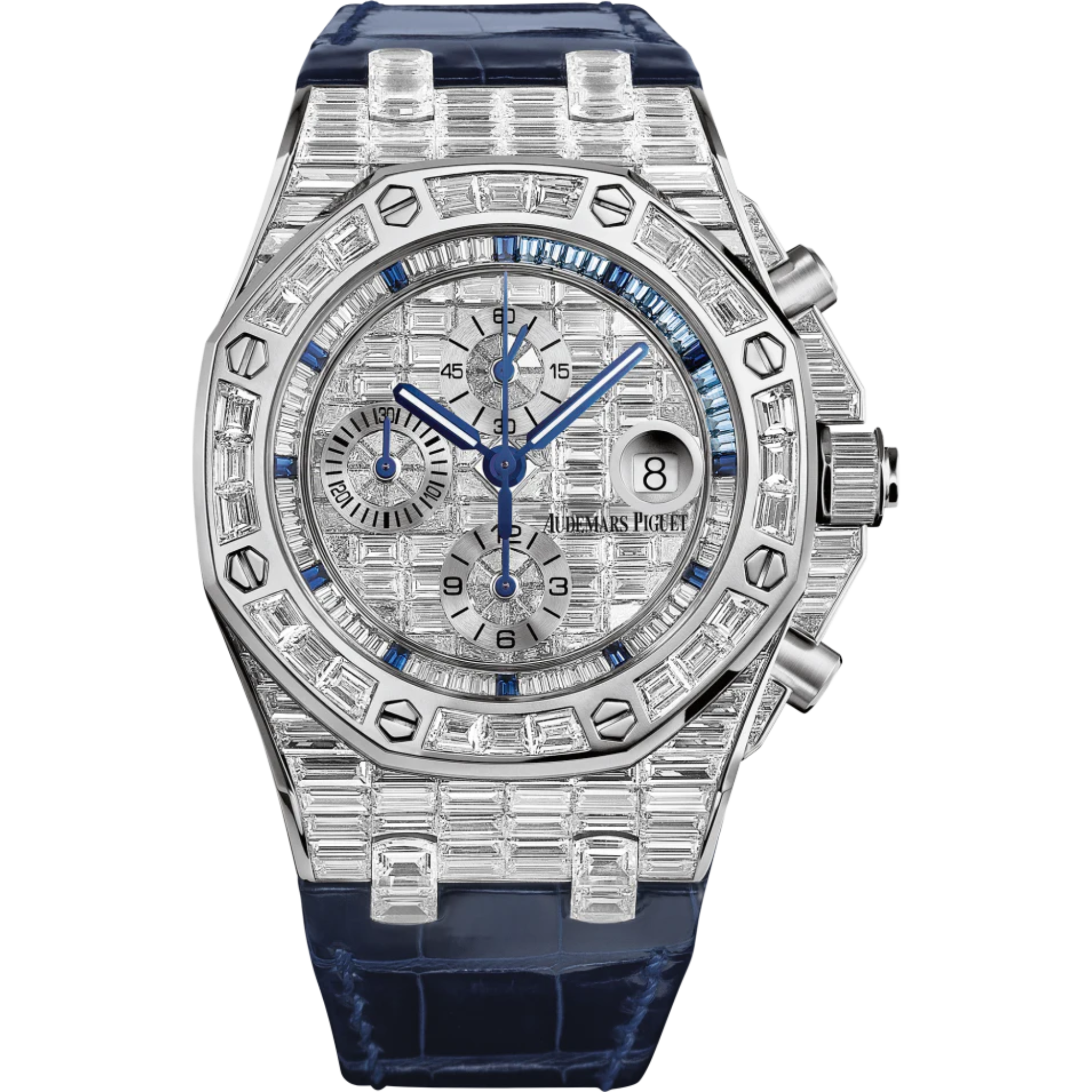 Royal Oak Offshore Chronograph 42MM Blue Alligator Strap 18-Carat White Gold Dial Paved With Baguette-Cut Diamonds 18-Carat White Gold Case Entirely Set With Baguette-Cut Diamonds - Audemars Piguet