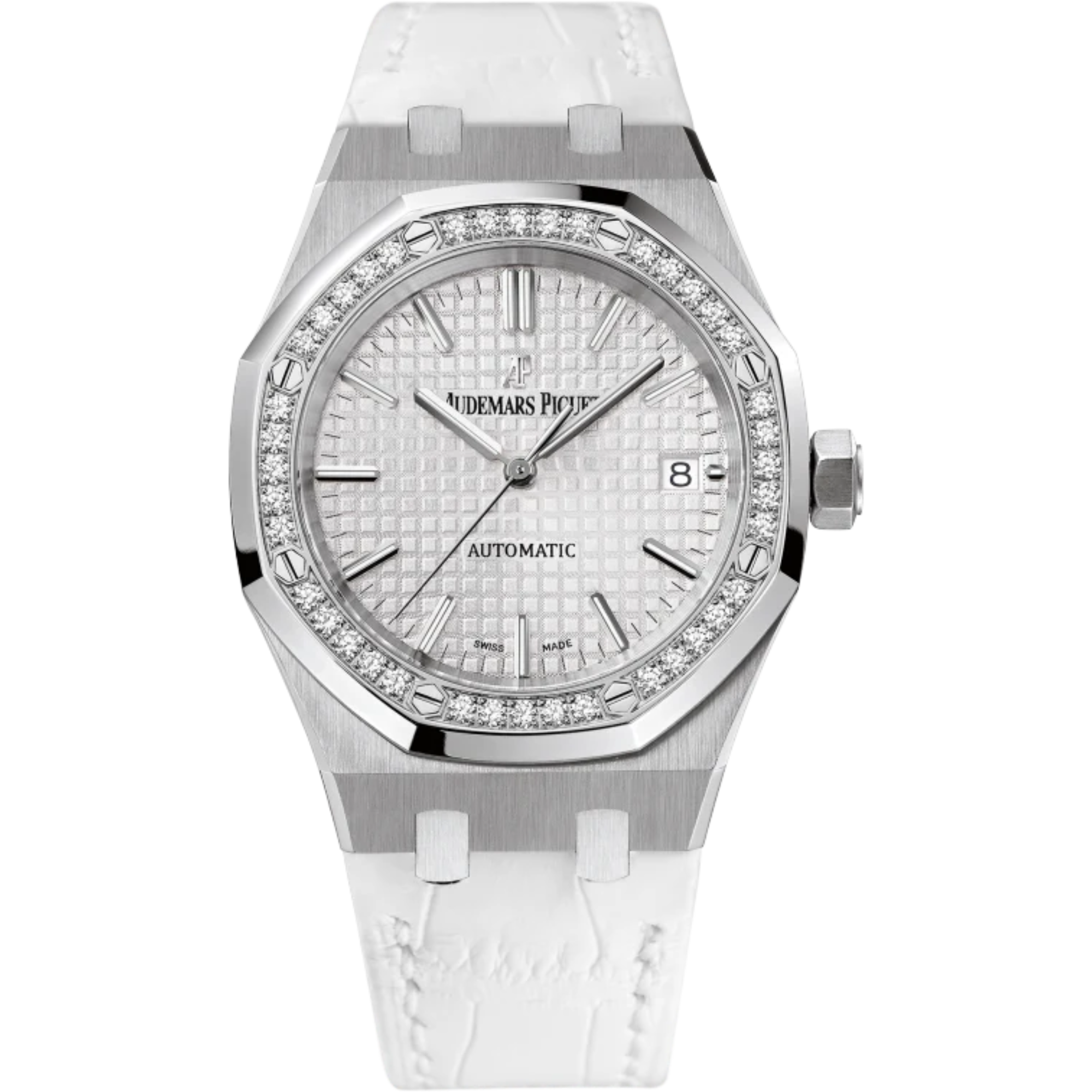 Royal Oak Selfwinding 37MM White Alligator Strap Silver-Toned Dial With Grande Tapisserie Pattern Stainless Steel  Diamond-Set Bezel - Audemars Piguet