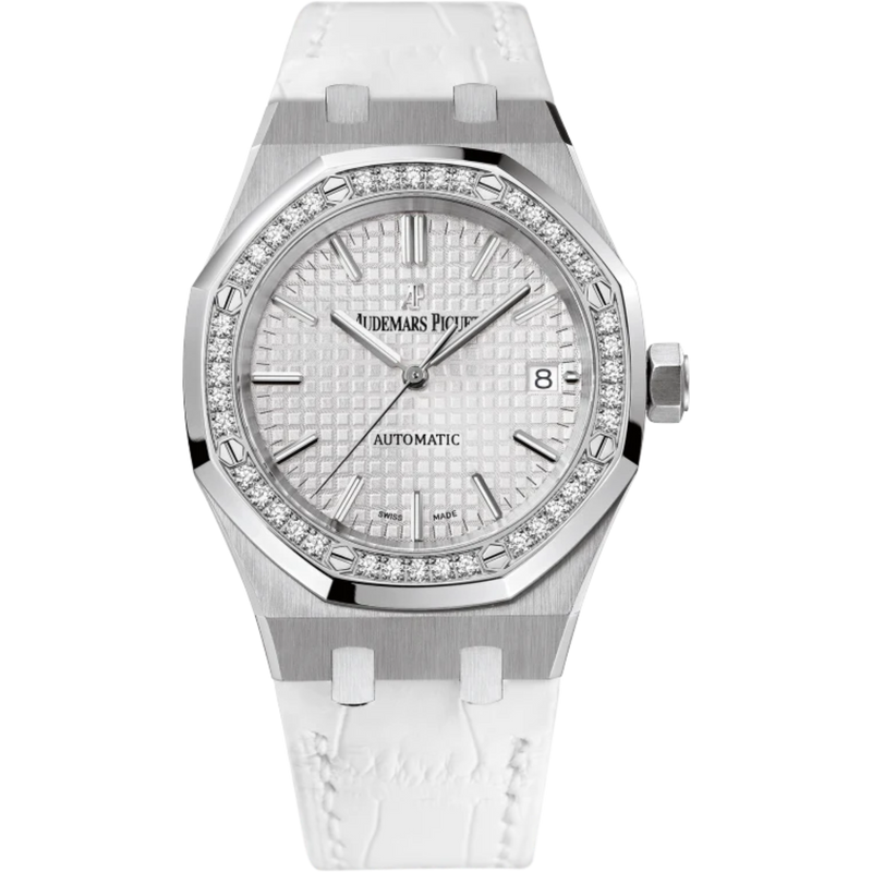 Royal Oak Selfwinding 37MM White Alligator Strap Silver-Toned Dial With Grande Tapisserie Pattern Stainless Steel  Diamond-Set Bezel - Audemars Piguet