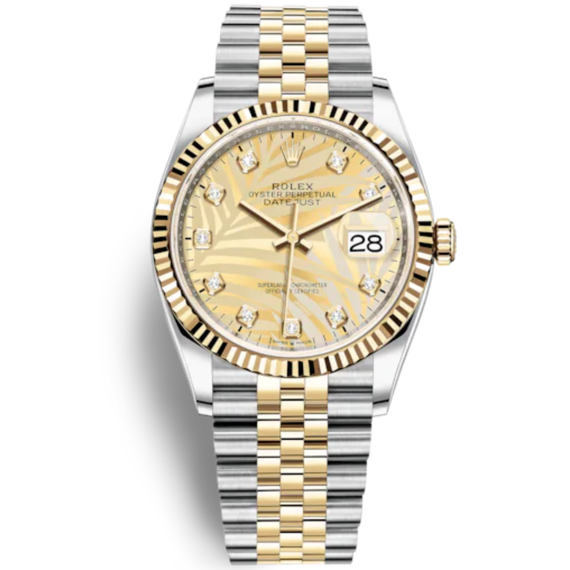 Datejust 36 36mm Oystersteel and Yellow Gold Jubilee Bracelet Golden Palm-Motif Diamond-set Dial Fluted Bezel - Rolex