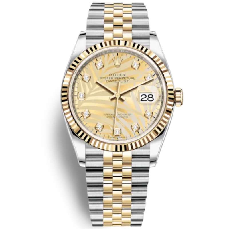 Datejust 36 36mm Oystersteel and Yellow Gold Jubilee Bracelet Golden Palm-Motif Diamond-set Dial Fluted Bezel - Rolex