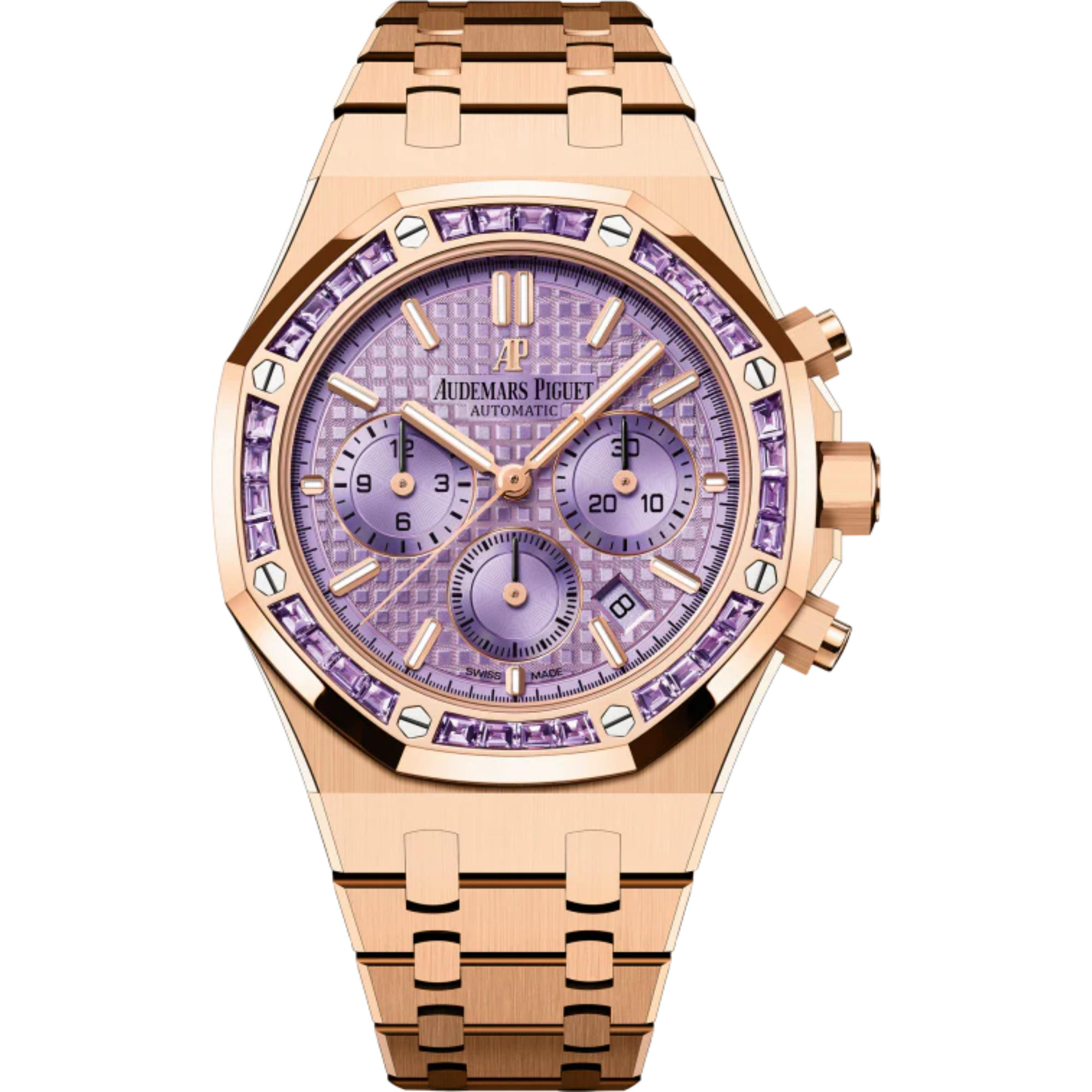 Royal Oak Selfwinding Chronograph 38MM 18-Carat Pink Gold Bracelet Purple Dial With Grande Tapisserie Pattern 18-Carat Pink Gold Case - Audemars Piguet