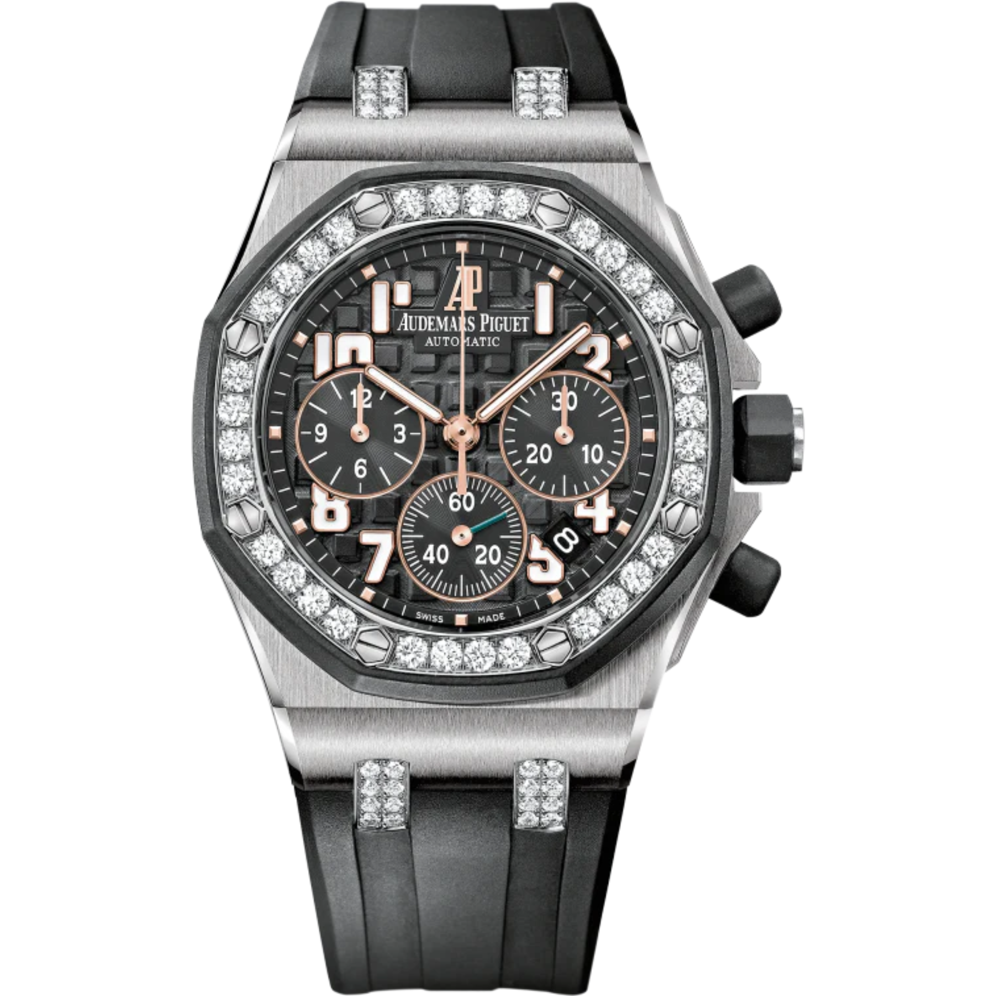Royal Oak Offshore Ladycat Chronograph 37MM Black Rubber Strap Black Dial With Méga Tapisserie Pattern Stainless Steel Case Black Rubber-Clad Bezel Set With Diamonds - Audemars Piguet