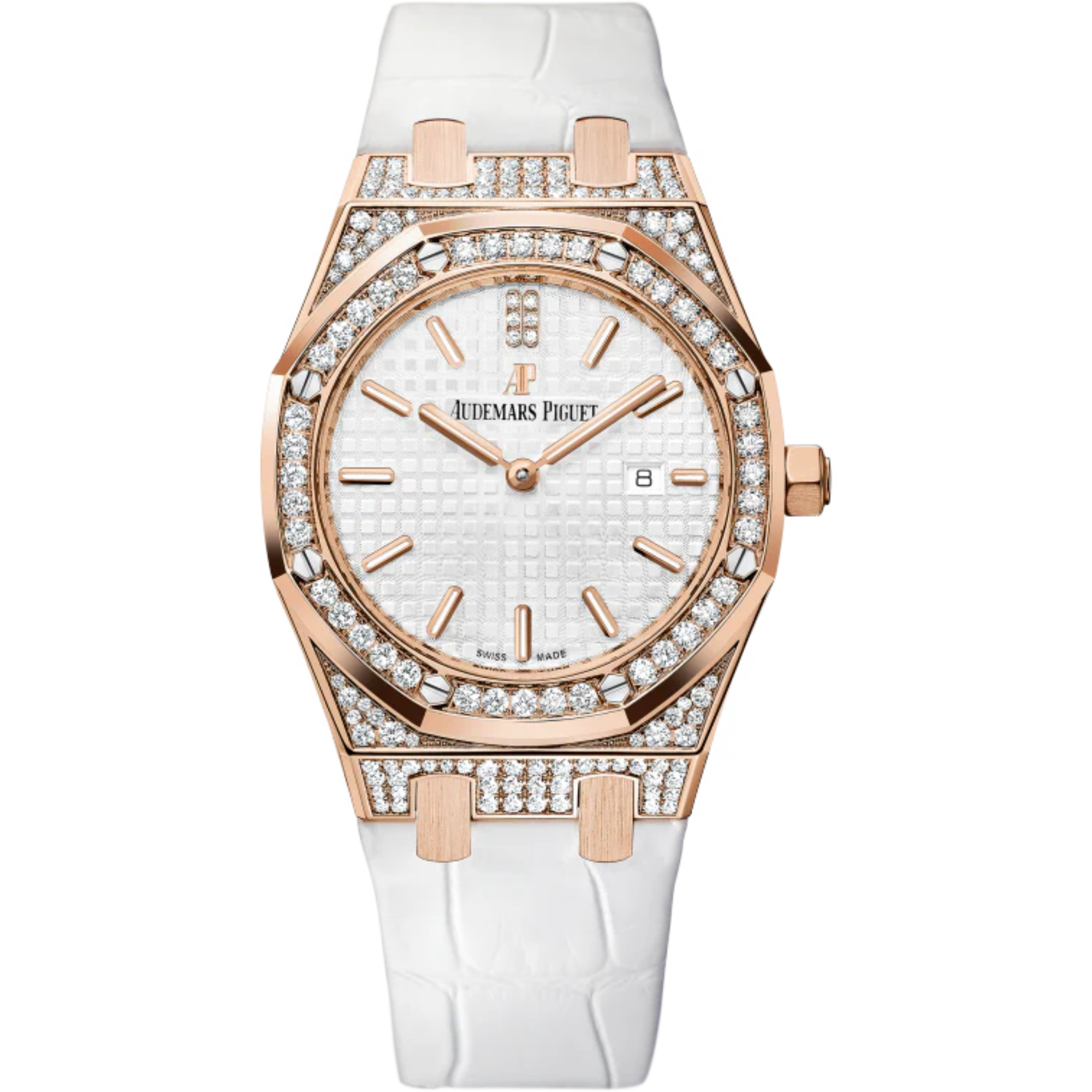 Royal Oak Quartz 33MM White Alligator Strap Silver-Toned Opaline Dial With Grande Tapisserie Pattern 18-Carat Pink Gold Case Set With Diamonds Diamond-Set Bezel - Audemars Piguet