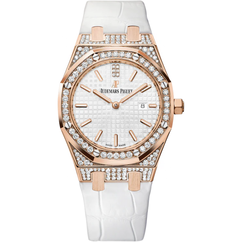 Royal Oak Quartz 33MM White Alligator Strap Silver-Toned Opaline Dial With Grande Tapisserie Pattern 18-Carat Pink Gold Case Set With Diamonds Diamond-Set Bezel - Audemars Piguet