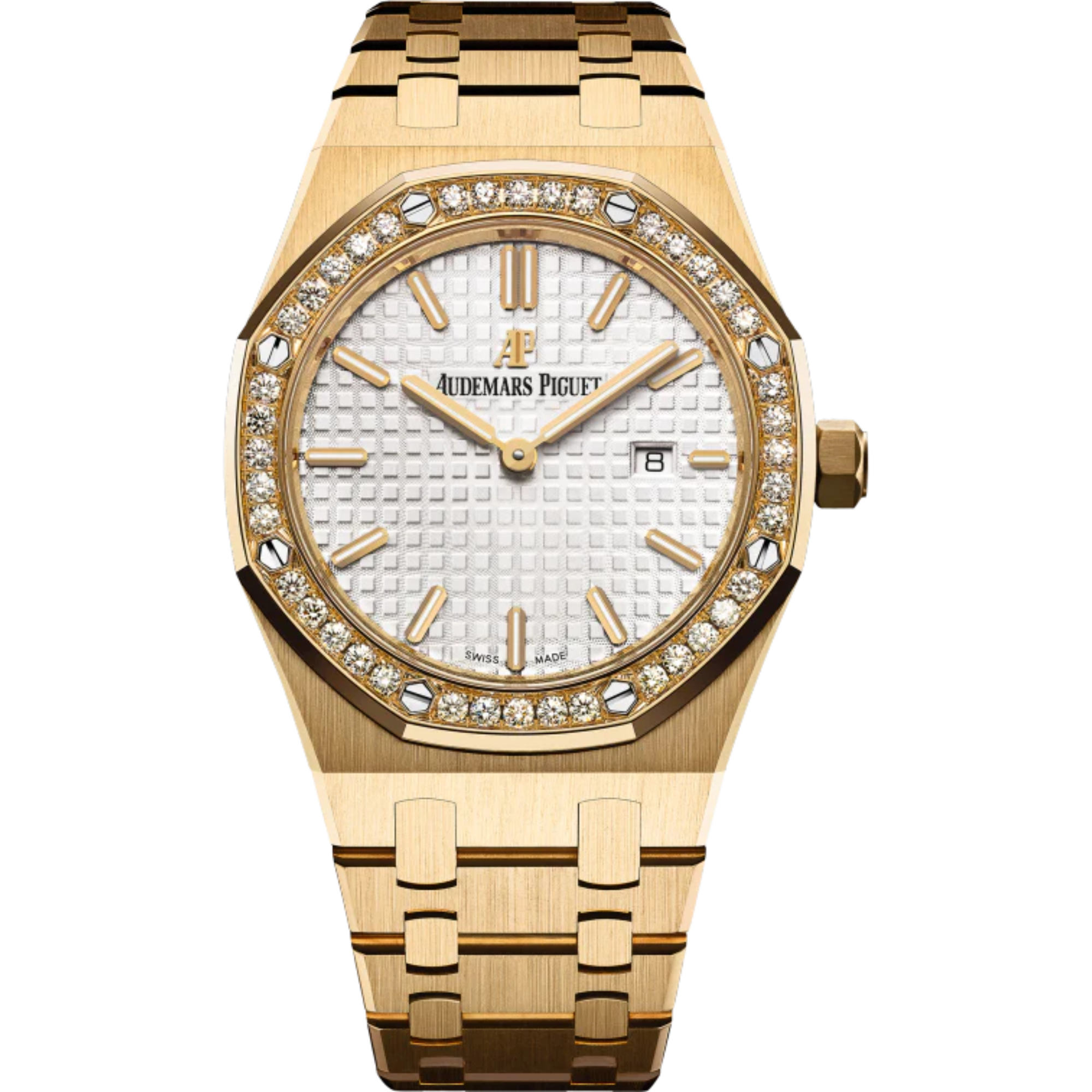 Royal Oak Quartz 33MM 18-Carat Yellow Gold Bracelet Silver-Toned or Blue Dial With Grande Tapisserie Patterns 18-Carat Yellow Gold Case Diamond-Set Bezel - Audemars Piguet