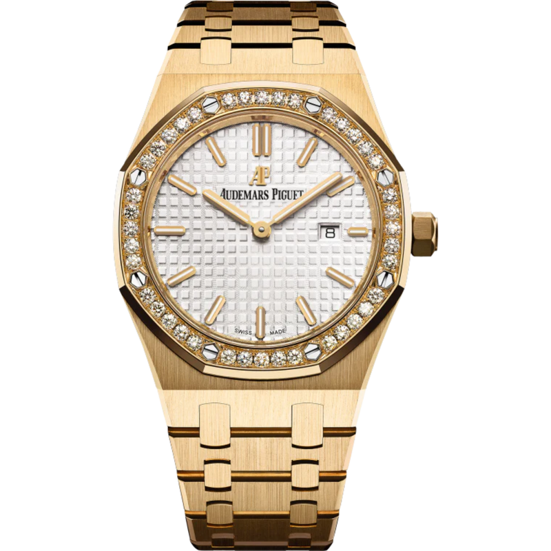 Royal Oak Quartz 33MM 18-Carat Yellow Gold Bracelet Silver-Toned or Blue Dial With Grande Tapisserie Patterns 18-Carat Yellow Gold Case Diamond-Set Bezel - Audemars Piguet