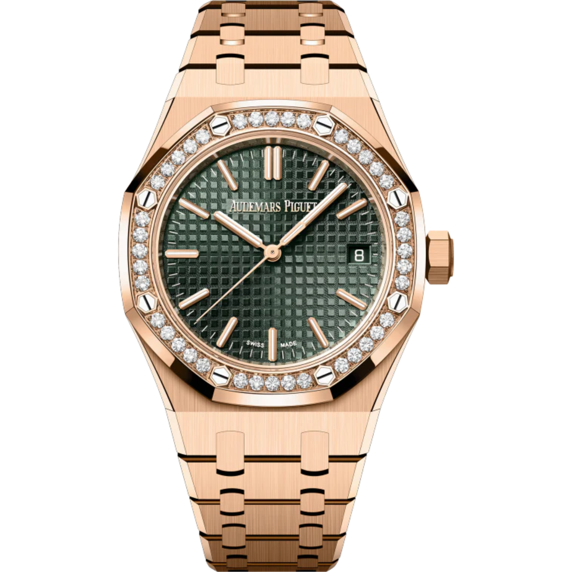 Royal Oak Selfwinding 50th Anniversary 37MM 18-Carat Pink Gold Bracelet Khaki Green Dial With Grande Tapisserie Pattern 18-Carat Pink Gold Case Bezel Set With Brilliant-Cut Diamonds - Audemars Piguet