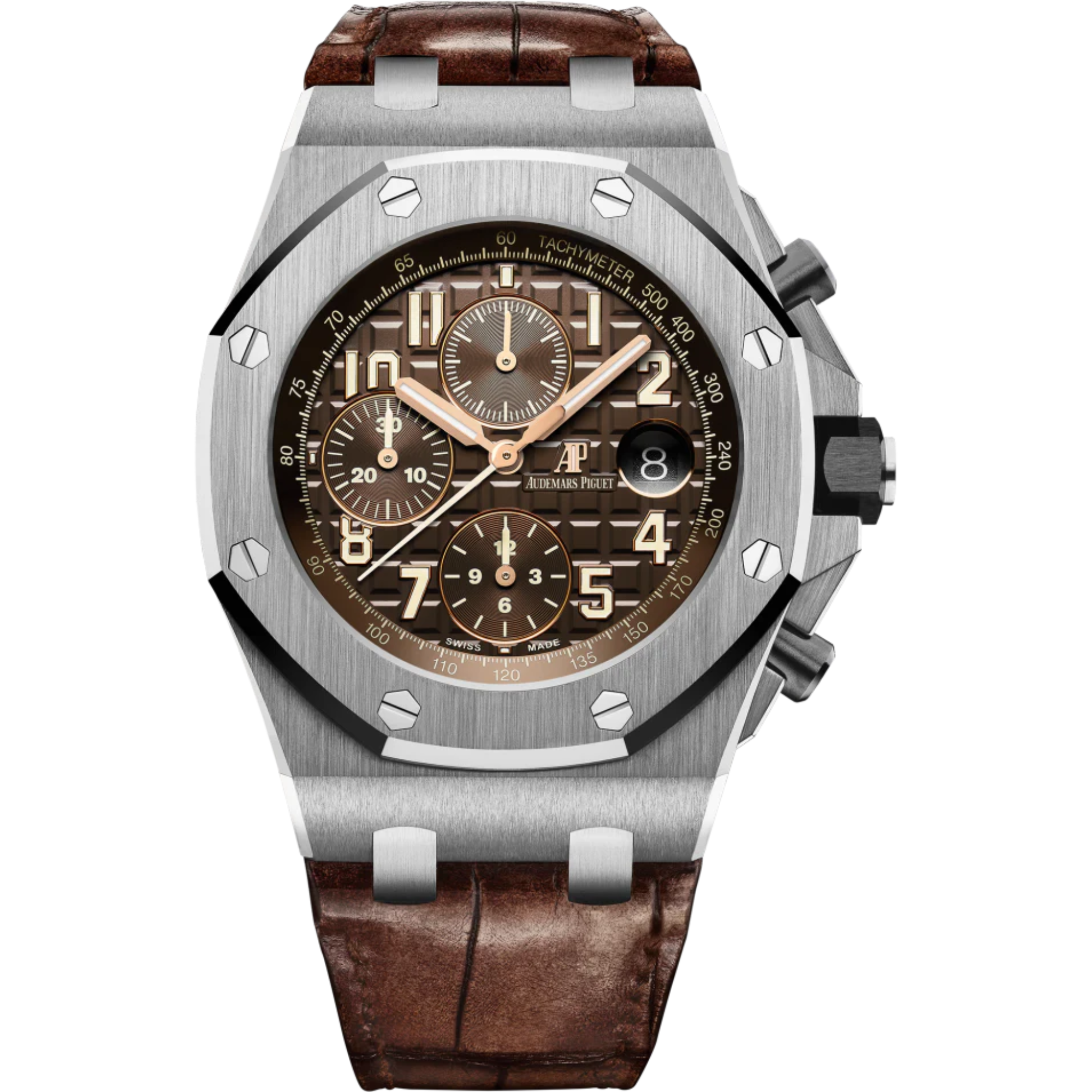 Royal Oak Offshore Chronograph 42MM Brown Alligator Strap Brown Dial With Méga Tapisserie Pattern Stainless Steel Case - Audemars Piguet