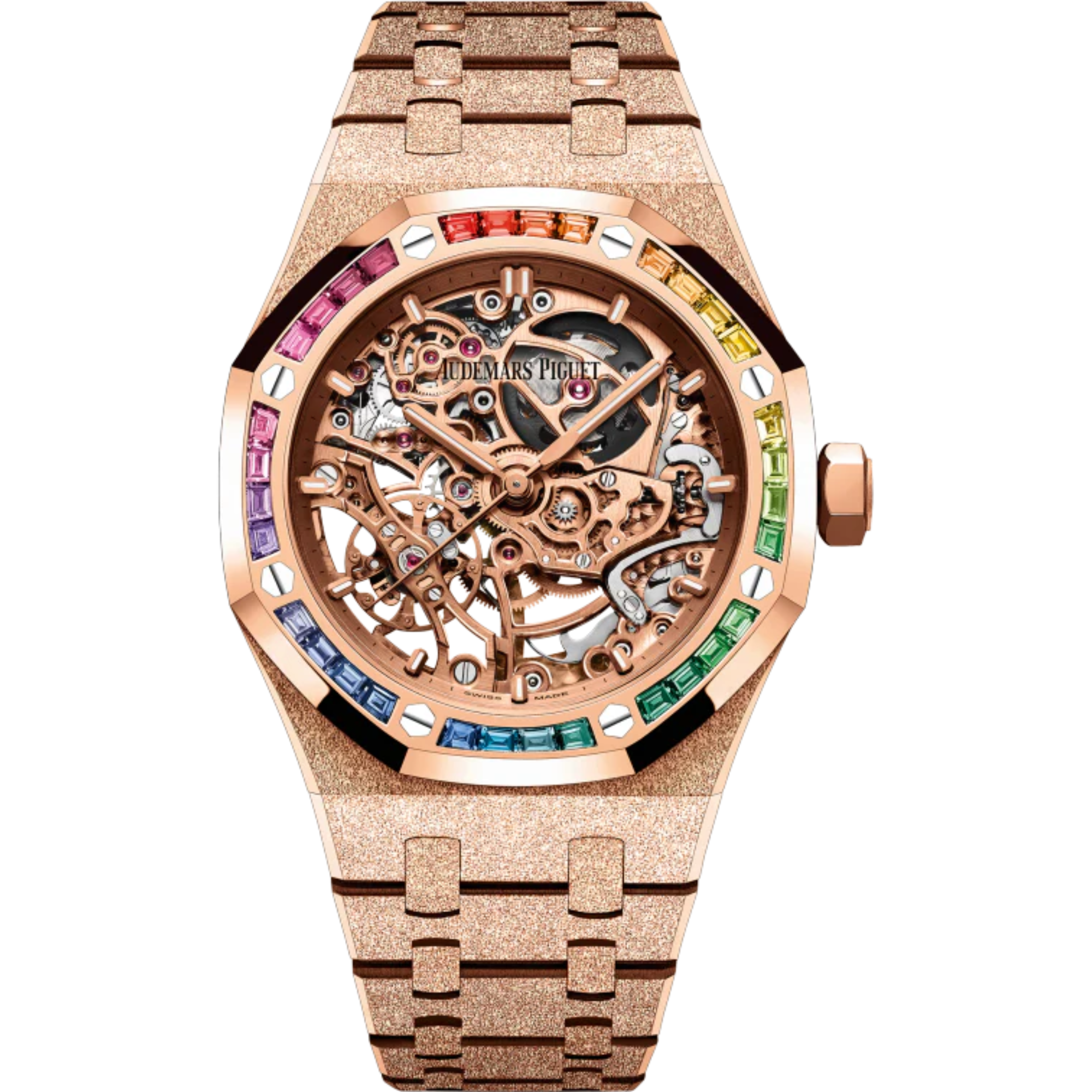 Royal Oak Frosted Gold Double Balance Wheel Openworked 37MM Hammered 18-Carat Pink Gold Bracelet Pink Gold-Toned Openworked Dial Hammered 18-Carat Pink Gold Case Bezel Set With Rainbow Baguette-Cut Multicoloured Gemstones - Audemars Piguet