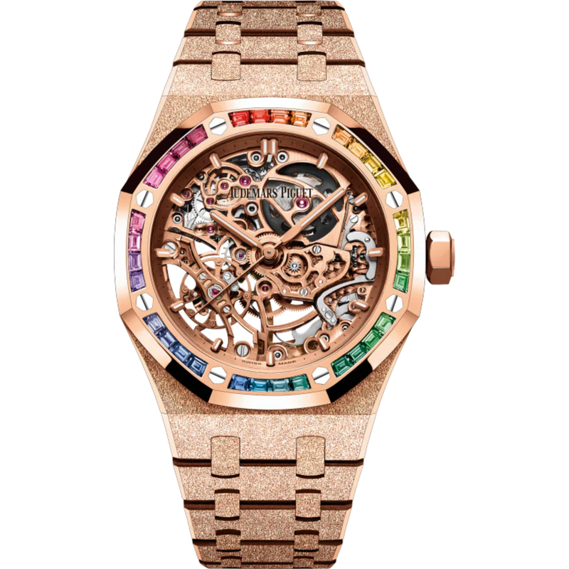 Royal Oak Frosted Gold Double Balance Wheel Openworked 37MM Hammered 18-Carat Pink Gold Bracelet Pink Gold-Toned Openworked Dial Hammered 18-Carat Pink Gold Case Bezel Set With Rainbow Baguette-Cut Multicoloured Gemstones - Audemars Piguet