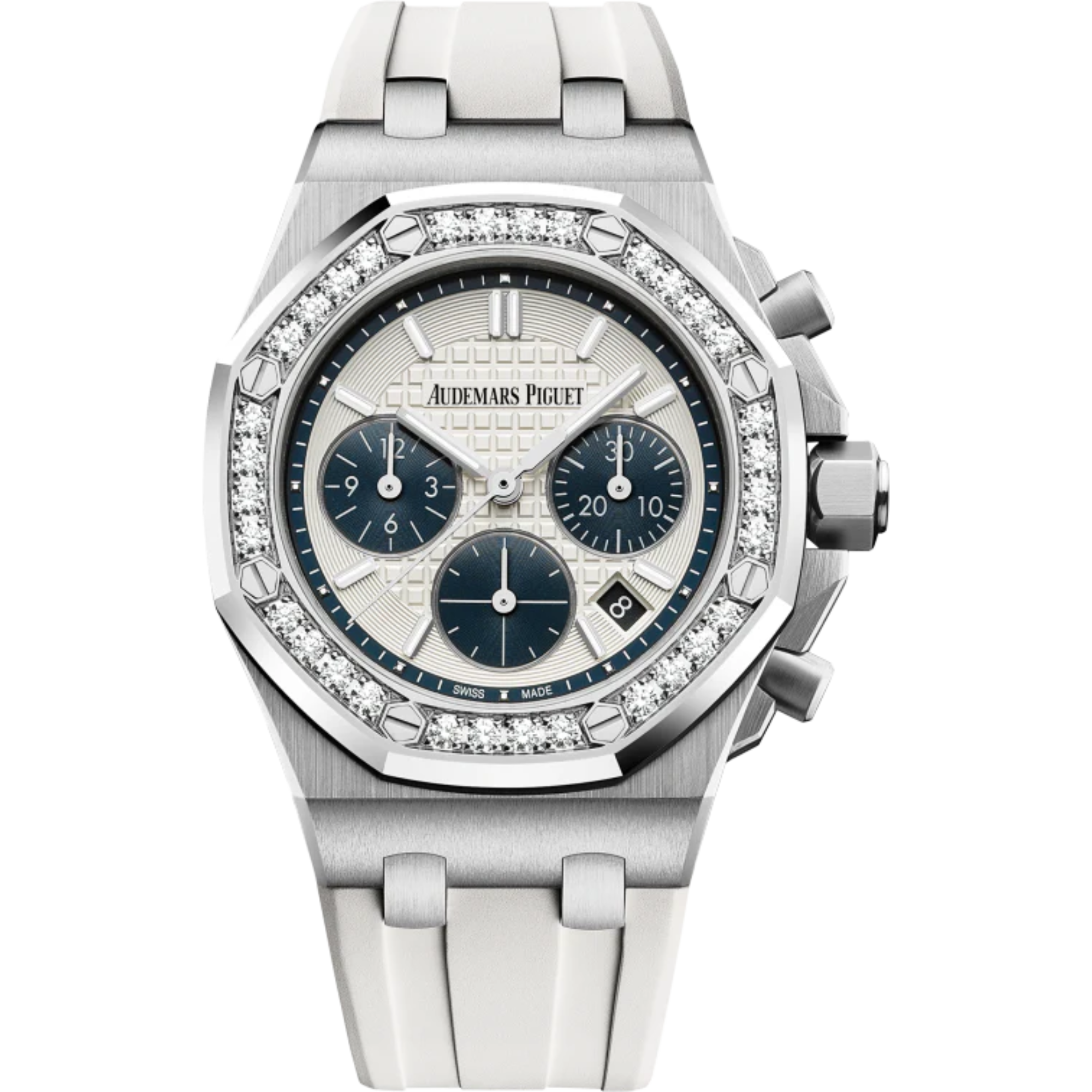 Royal Oak Offshore Selfwinding Chronograph 37MM White Rubber Strap Silver-Toned Dial With Lady Tapisserie Pattern Stainless Steel Case Diamond-Set Bezel - Audemars Piguet