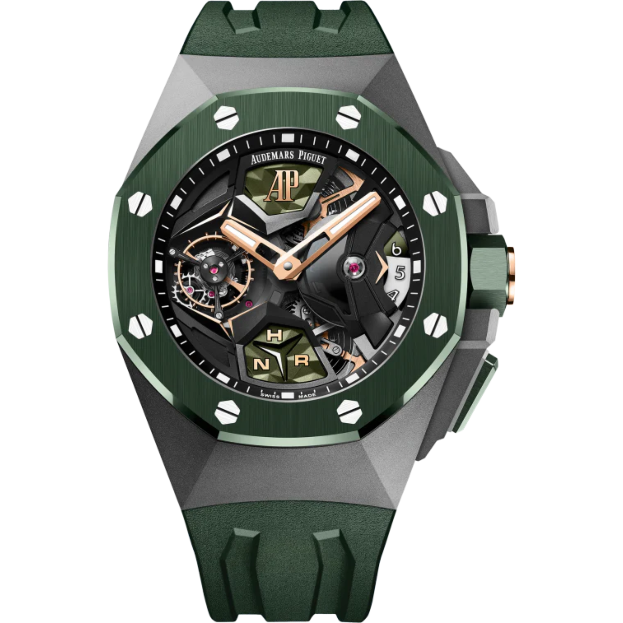 Royal Oak Concept 44mm Flying Tourbillon GMT and Pink Gold Dial with Green Rubber Strap Sandblasted Titanium Case - Audemars Piguet