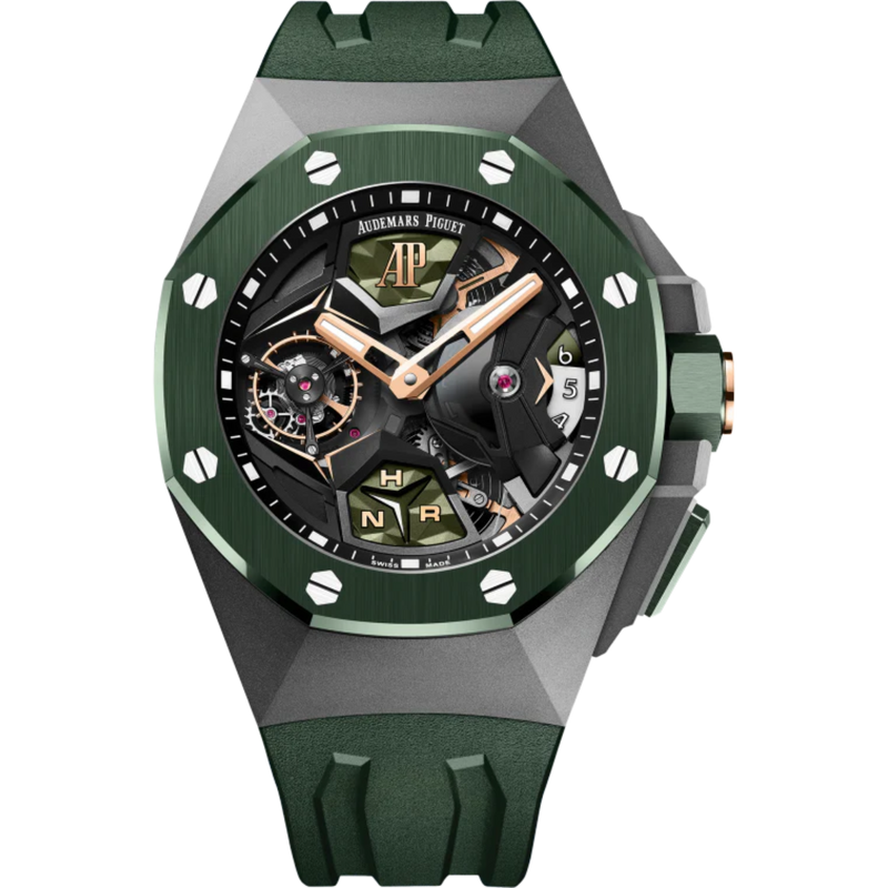 Royal Oak Concept 44mm Flying Tourbillon GMT and Pink Gold Dial with Green Rubber Strap Sandblasted Titanium Case - Audemars Piguet