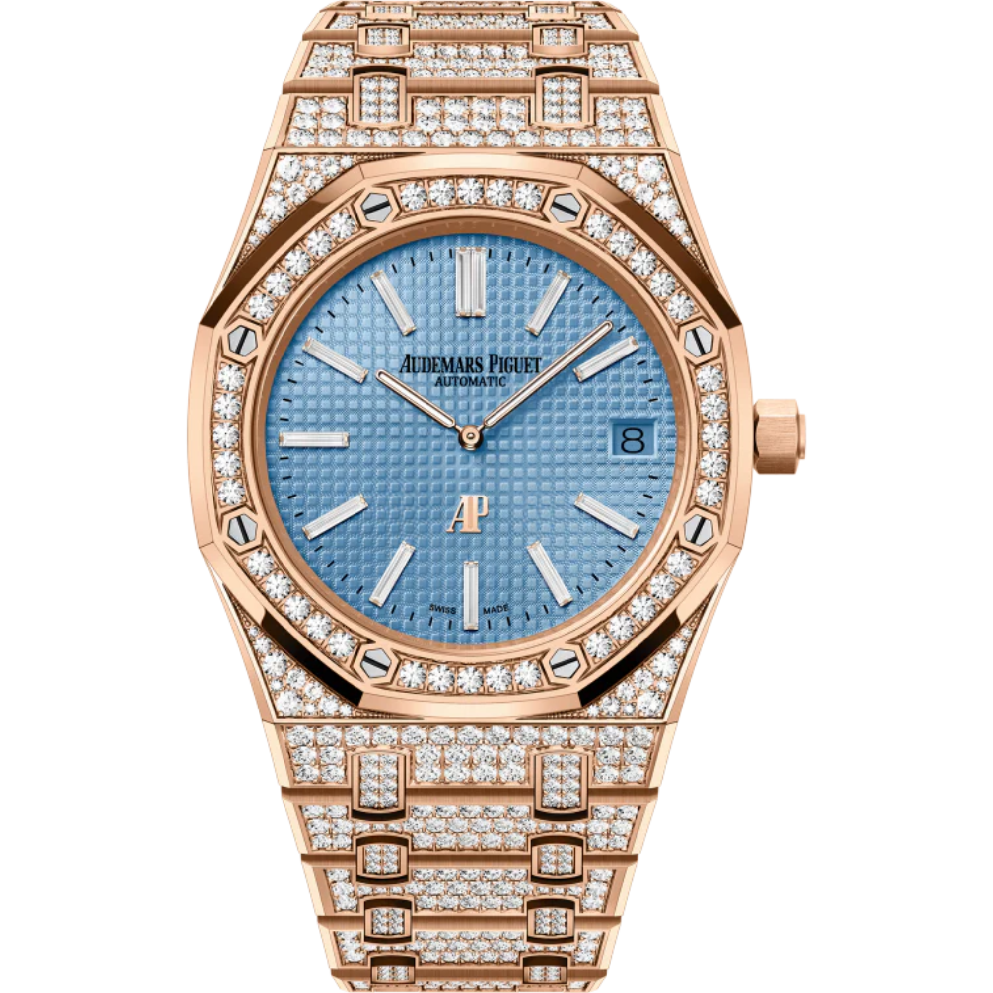 Royal Oak Jumbo Extra-Thin 39MM Diamond-Set 18-Carat Pink Gold Bracelet Light Blue Dial With Petite Tapisserie Pattern 18-Carat Pink Gold Case Set With Brillant-Cut Diamonds - Audemars Piguet