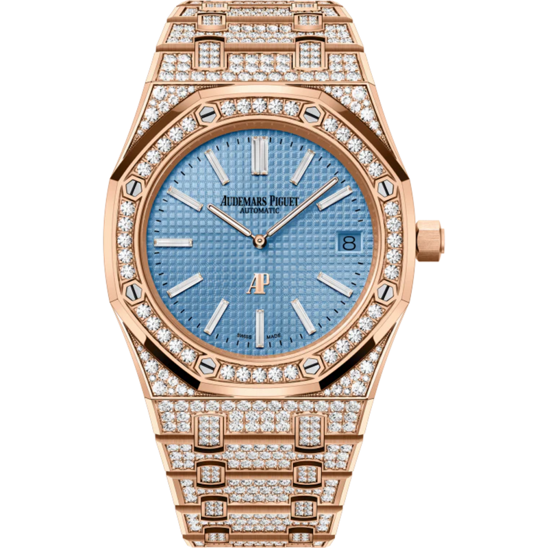 Royal Oak Jumbo Extra-Thin 39MM Diamond-Set 18-Carat Pink Gold Bracelet Light Blue Dial With Petite Tapisserie Pattern 18-Carat Pink Gold Case Set With Brillant-Cut Diamonds - Audemars Piguet
