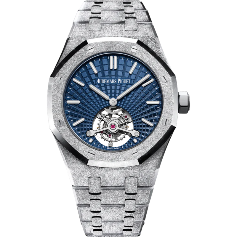 Royal Oak Tourbillon Extra-Thin 41MM  Hammered 18-Carat White Gold Bracelet Blue Dial With Tapisserie Evolutive Pattern Hammered 18-Carat White Gold Case - Audemars Piguet