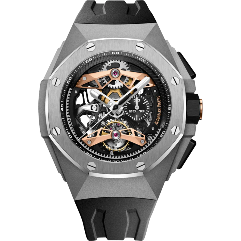 Royal Oak Concept 44MM Selfwinding Tourbillon Chronograph Openworked Black Rubber Strap Black and Pink Gold Dial Sandblasted Titanium Case and Satin-Brushed Titanium Bezel - Audemars Piguet