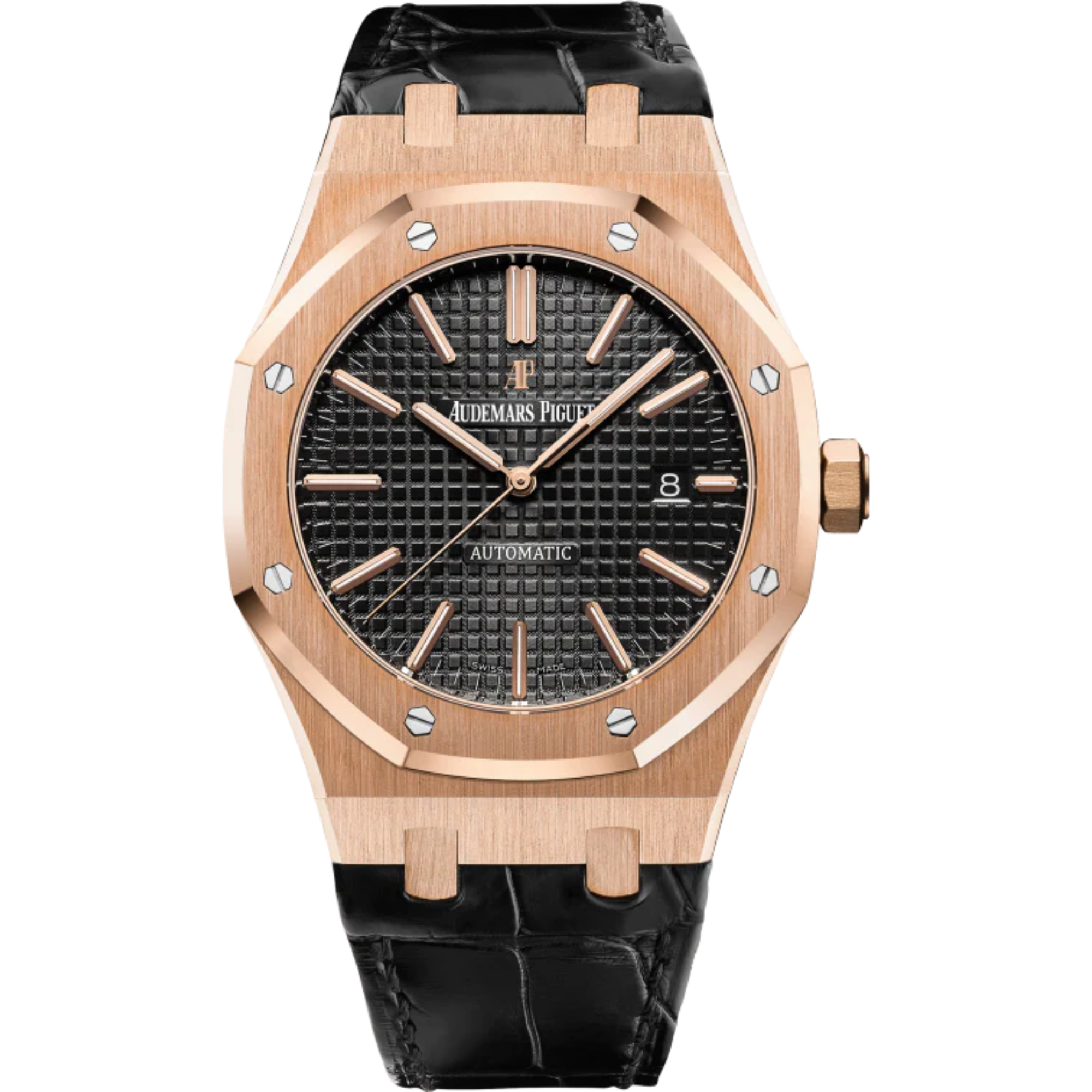 Royal Oak Selfwinding 41MM Black Alligator Strap Black Dial With Grande Tapisserie Pattern 18-Carat Pink Gold Case - Audemars Piguet
