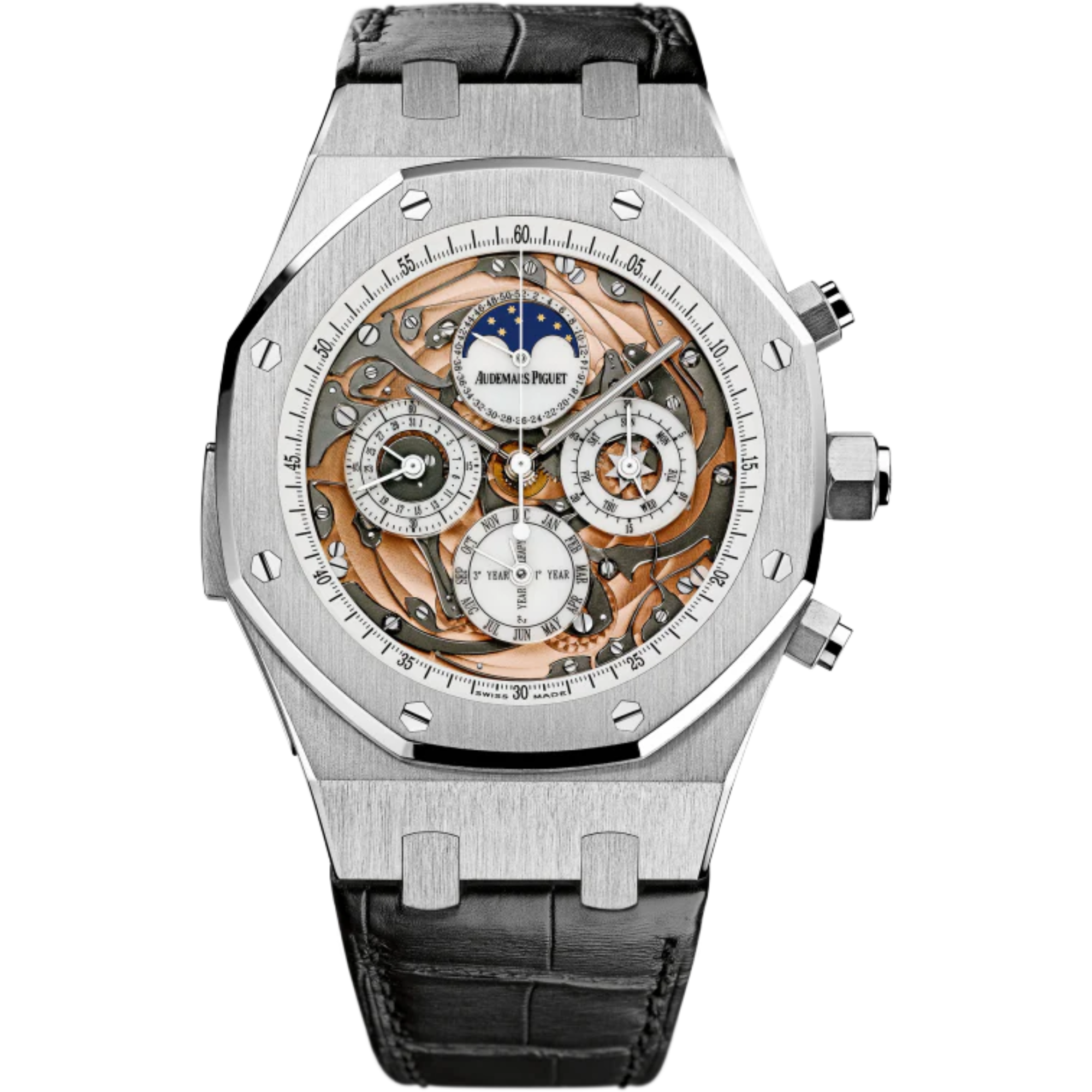 Royal Oak Grande Complication 44MM Black Crocodile Strap Sapphire Dial 18-Carat White Gold Case - Audemars Piguet