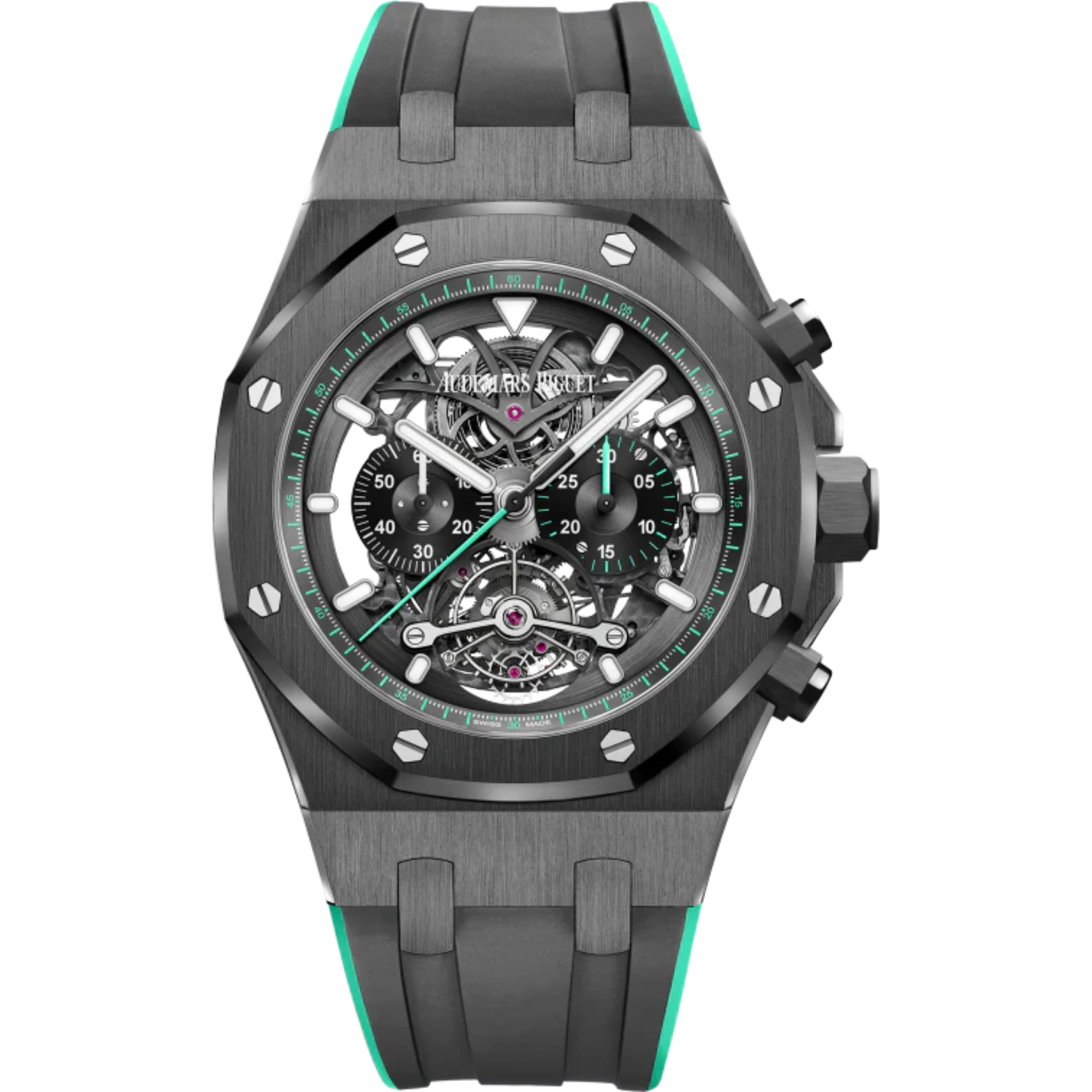 Royal Oak Tourbillon Chronograph Openworked 44MM Two-Tone Black and Green Rubber Strap Openworked Satin-Brushed Black Dial Black Ceramic Case - Audemars Piguet