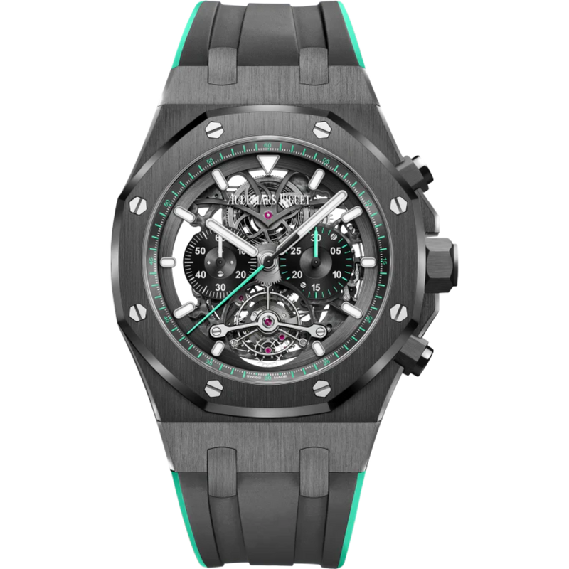 Royal Oak Tourbillon Chronograph Openworked 44MM Two-Tone Black and Green Rubber Strap Openworked Satin-Brushed Black Dial Black Ceramic Case - Audemars Piguet