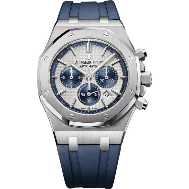 Royal Oak Chronograph 41MM Blue Rubber Strap Silver-Toned Dial With Grande Tapisserie Pattern Stainless Steel Case - Audemars Piguet